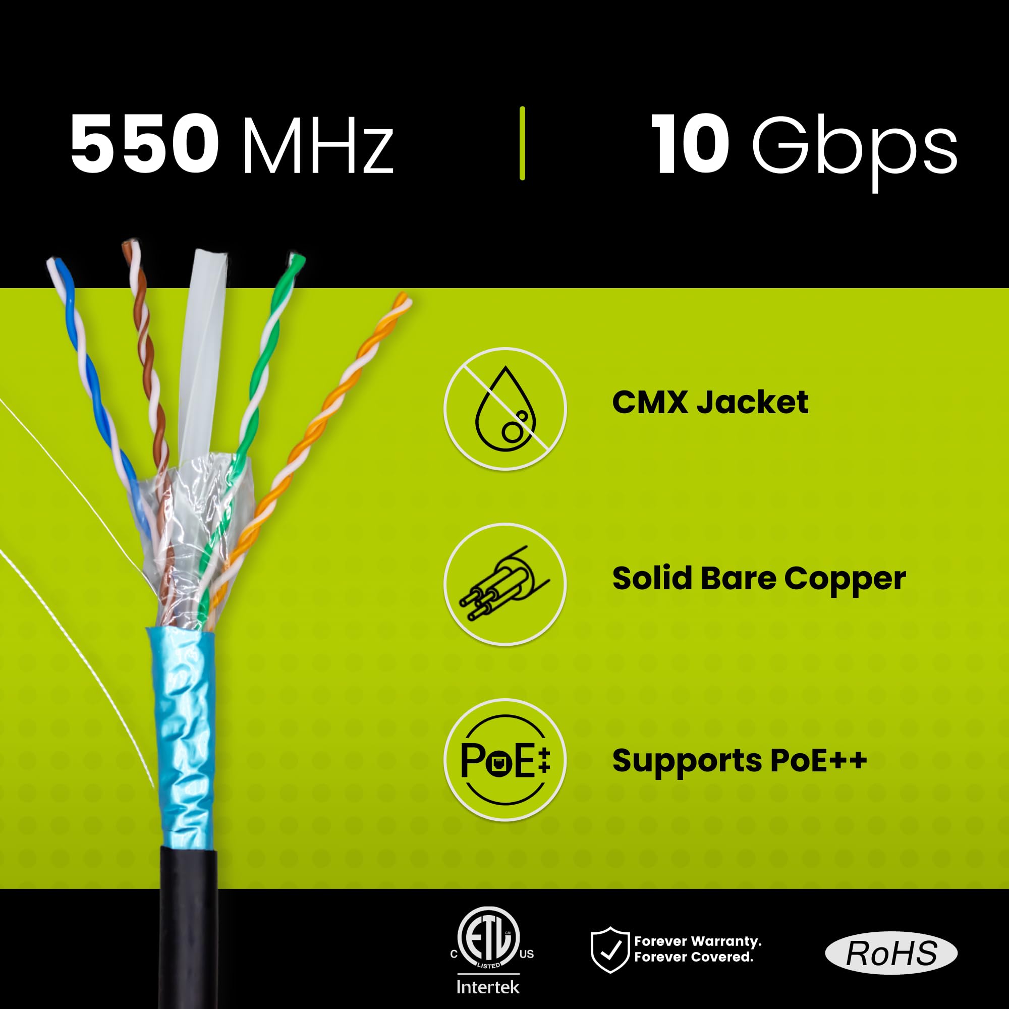 Truecable Cat6 Outdoor, Shielded F/Utp, 1000Ft, Uv Resistant, Cmx Rated, Black, 23Awg Solid Bare Copper, 550Mhz, Poe++ (4Ppoe), Etl Listed, Bulk Ethernet Cable