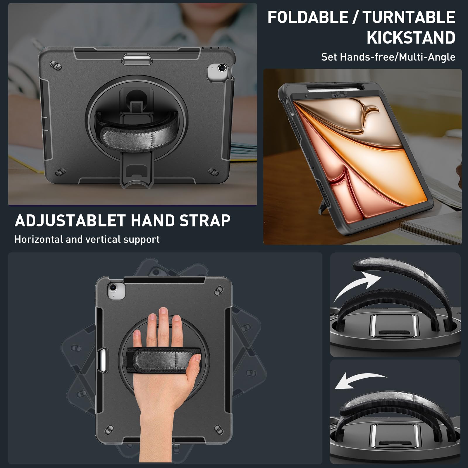 Supfives Case For Ipad Air 13 Inch 2024,With Screen Protector+Hand Strap+Shoulder Strap+Rotating Kickstand+Pencil Holder,Black