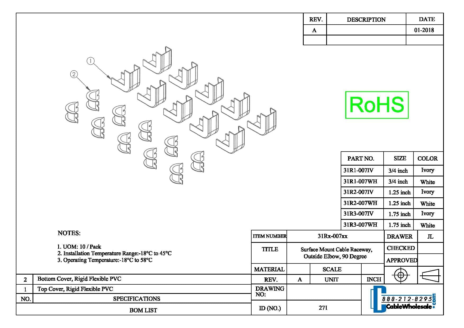 Cord Cover Cable Raceway, 1.25 Inch Surface Mount Cable Raceway 90 Degree Outside Elbow (For Outside Corners) On Wall Cord Conce