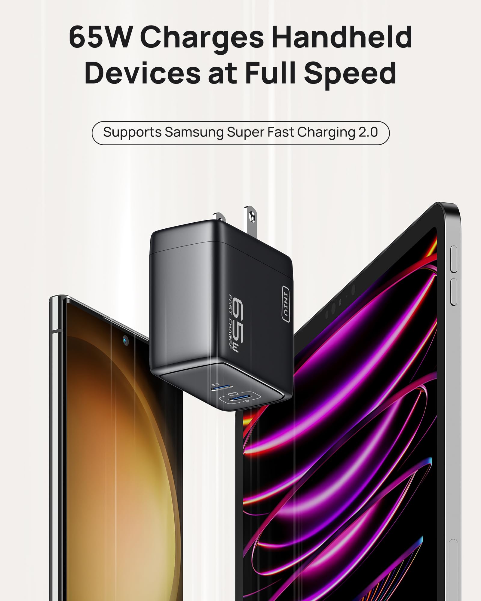 Usb C Charger, Iniu 2 Port 65W Gan Charger, Compact Foldable Pd Pps Usb C Wall Charger Block For Macbook Pro/Air, Dell Xps 13, I