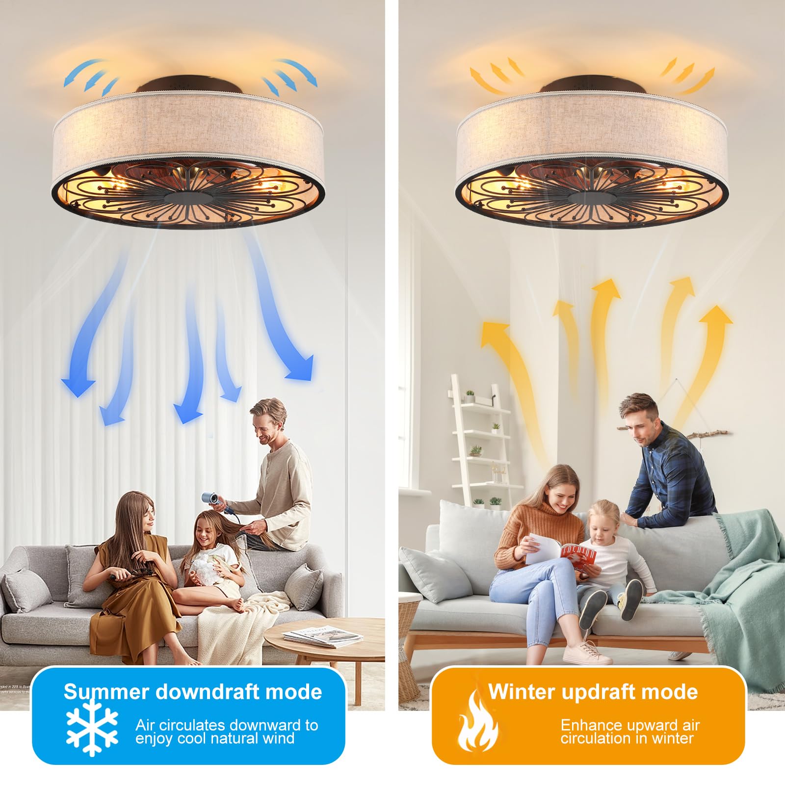 Alaruder Caged Ceiling Fans With Lights Flush Mount,Low Profile Ceiling Fan With Remote,20 Inch Farmhouse White Ceiling Fan For