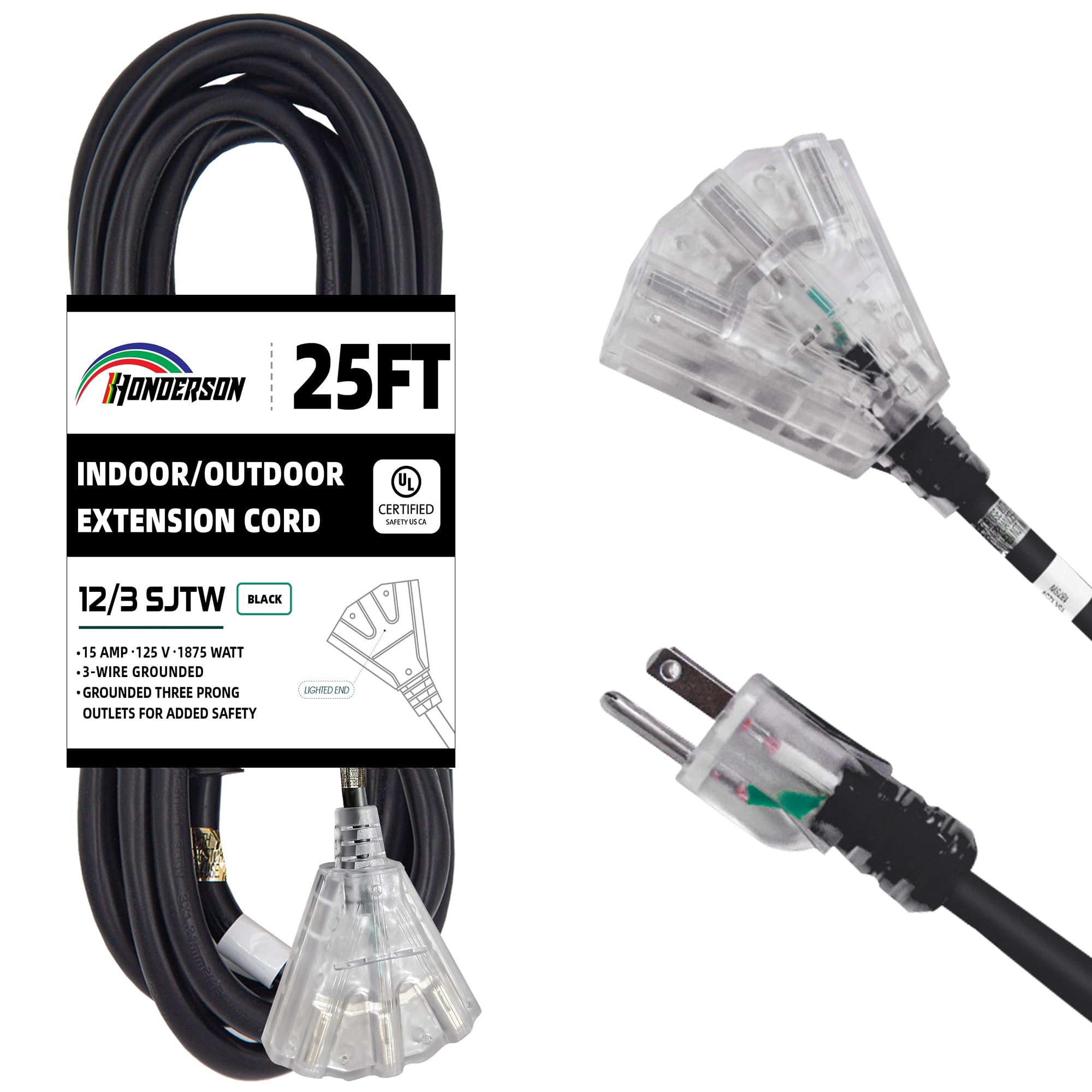 Honderson 3 Outlets Indoor Outdoor Extension Cord Weatherproof With Lighted End, Ul Listed, 12 Gauge 25Ft Black 3 Prong Heavy Du