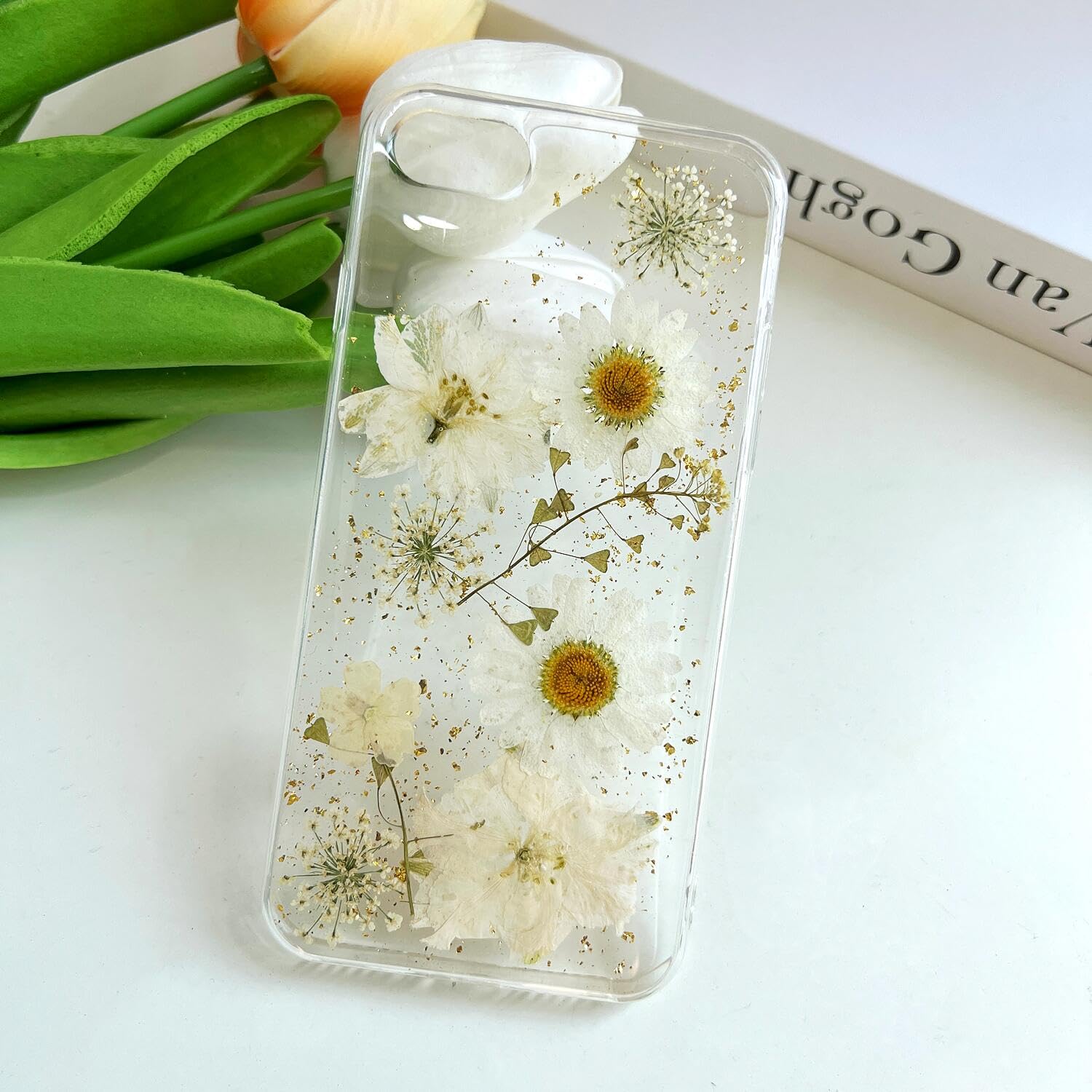 Lseeka For Iphone Se 2022/ Se 2020/8/7 Clear Case With Pressed Real Flowers Design,Glitter Cute White Floral Pattern Slim Soft T