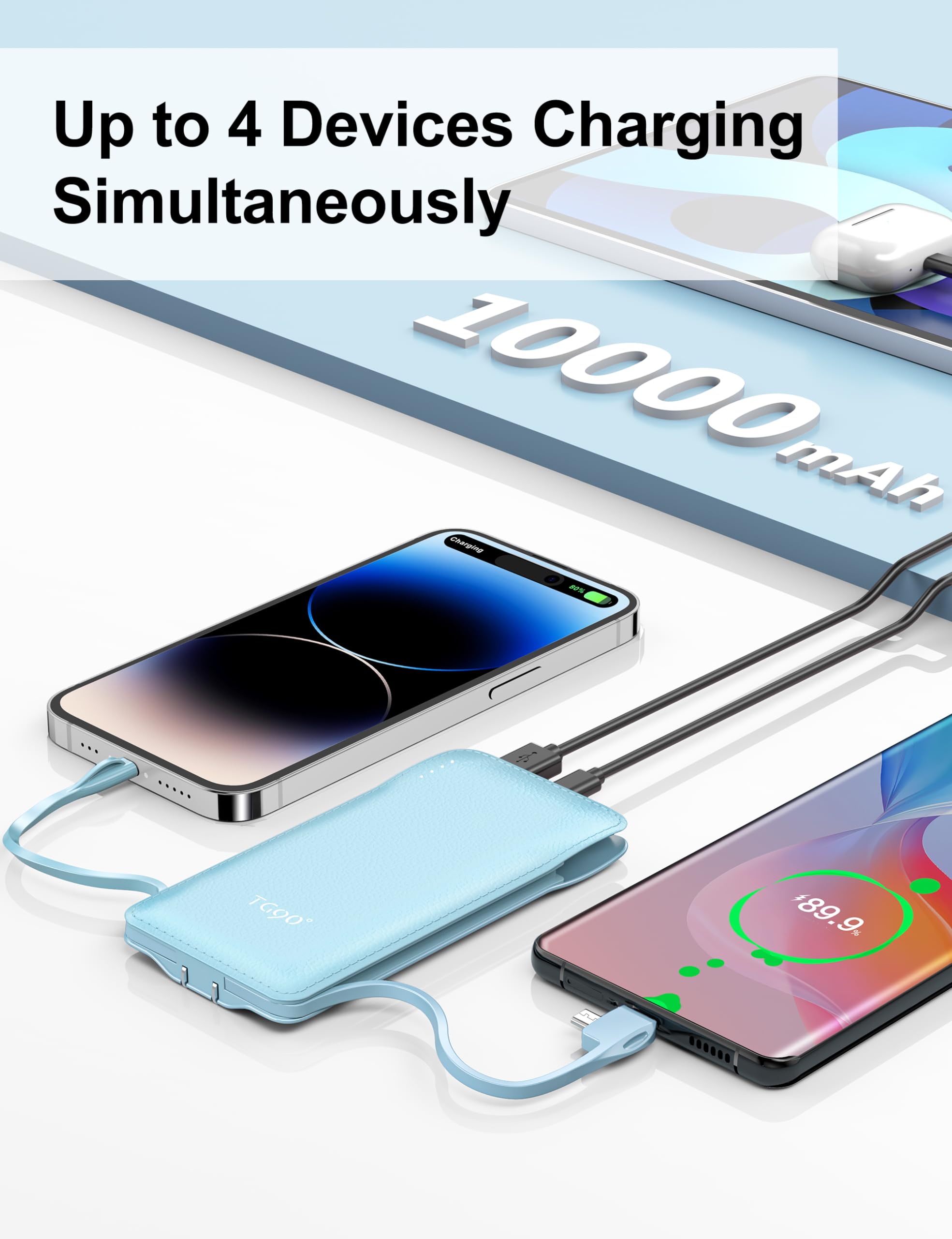 Tg90 10000Mah Power Bank With Built In Foldable Ac Wall Plug And Cables, Ultra Slim Phone External Battery Pack Portable Charger