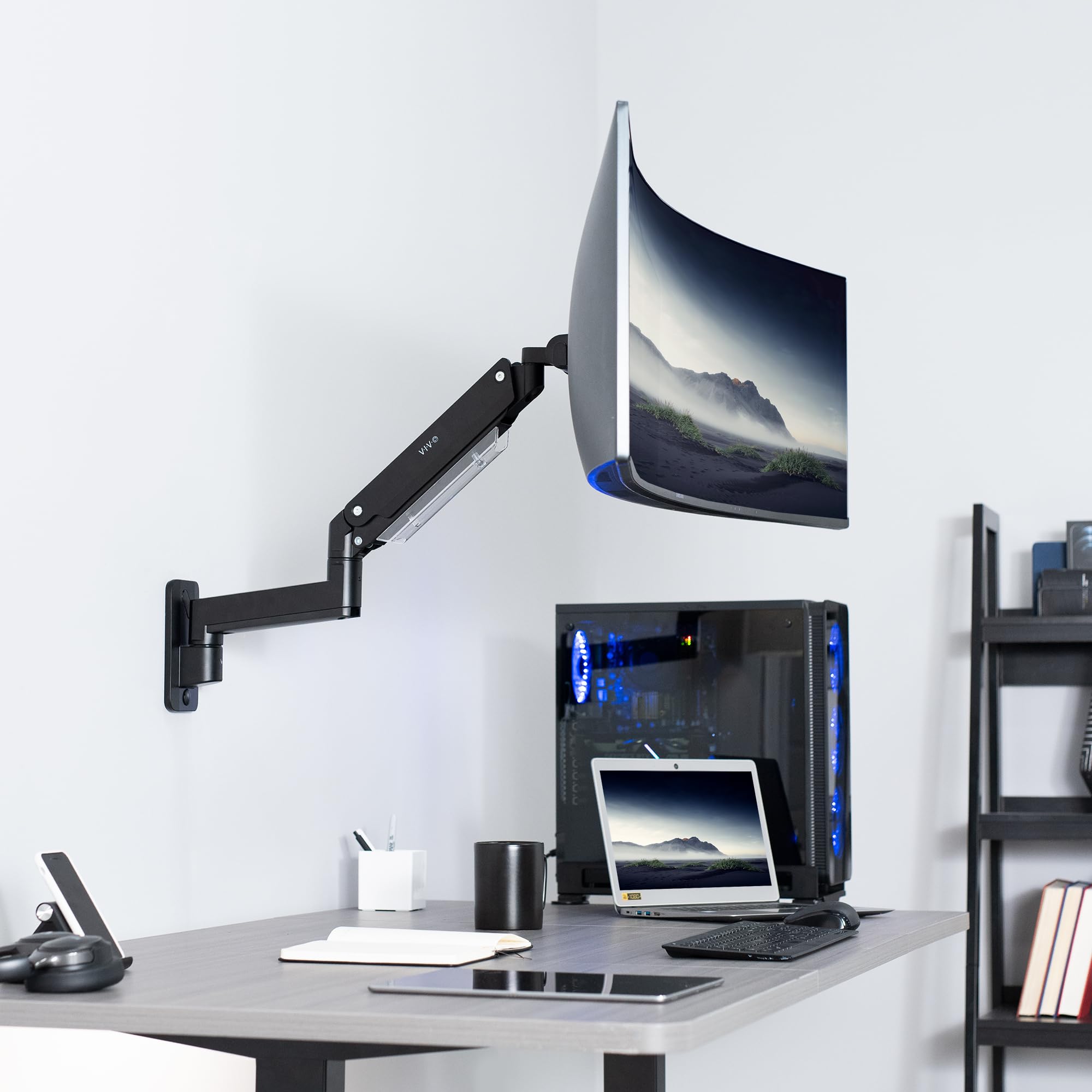 VIVO Premium Black Aluminum Heavy Duty Monitor Arm for Ultrawide Screens up to 49, Pneumatic Height, Max VESA 100x100, Single Wall Mount