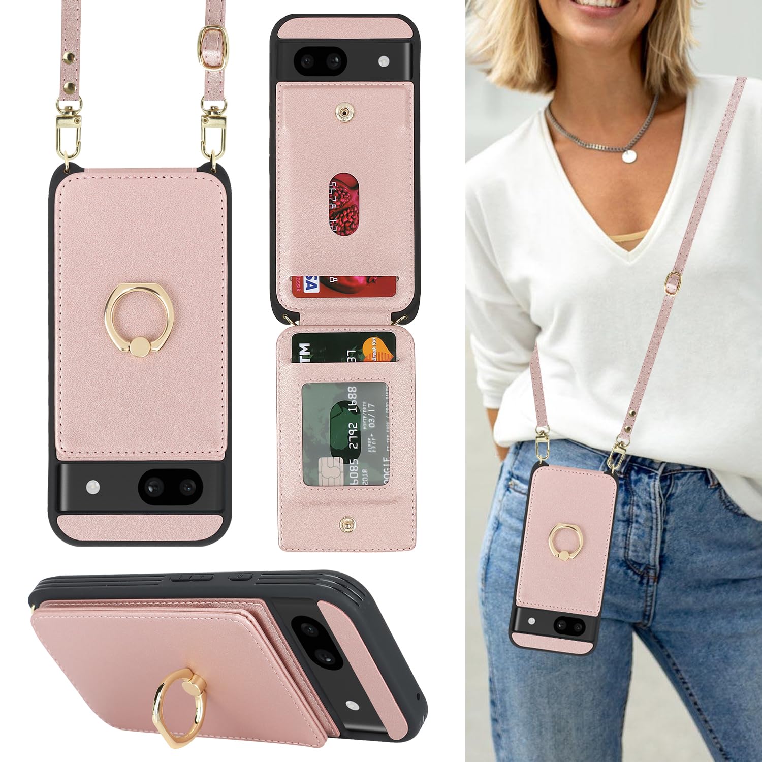Lipvina for Google Pixel 8A Case with Card Holder and Strap for Women,Crossbody Lanyard,Ring Stand,Snap Clasp,Phone Wallet Cases