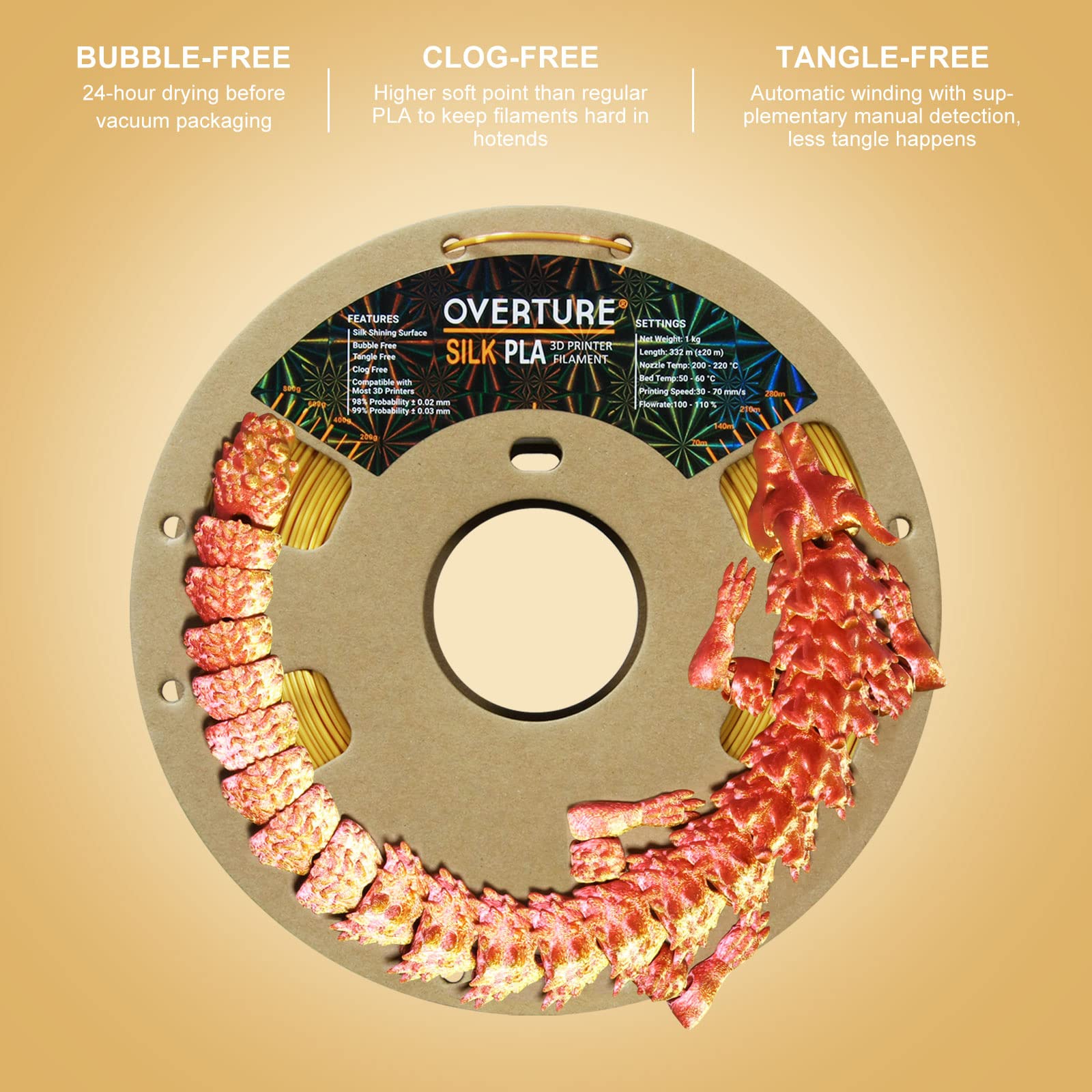 Overture Silk Pla 1.75Mm Dual Color Filament, Clog Free Shiny 3D Printer Filament, 1Kg Spool(2.2Lbs), Dimensional Accuracy +/  0