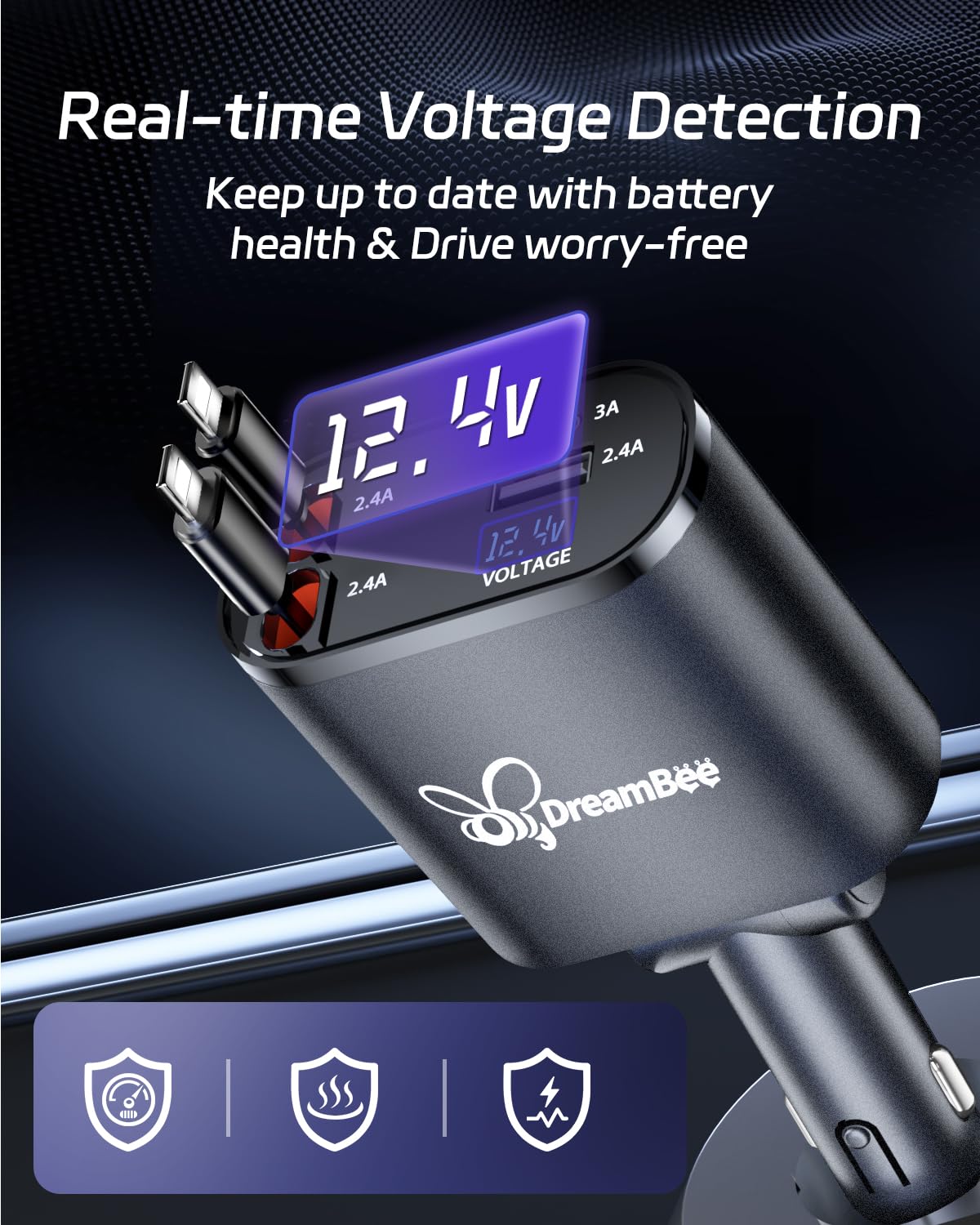 Dreambee Retractable Car Charger,Super Fast Usb Car Iphone Charger,Dual Iphone Retractable Cables (31.5 Inch) And 2 Usb Ports Ca