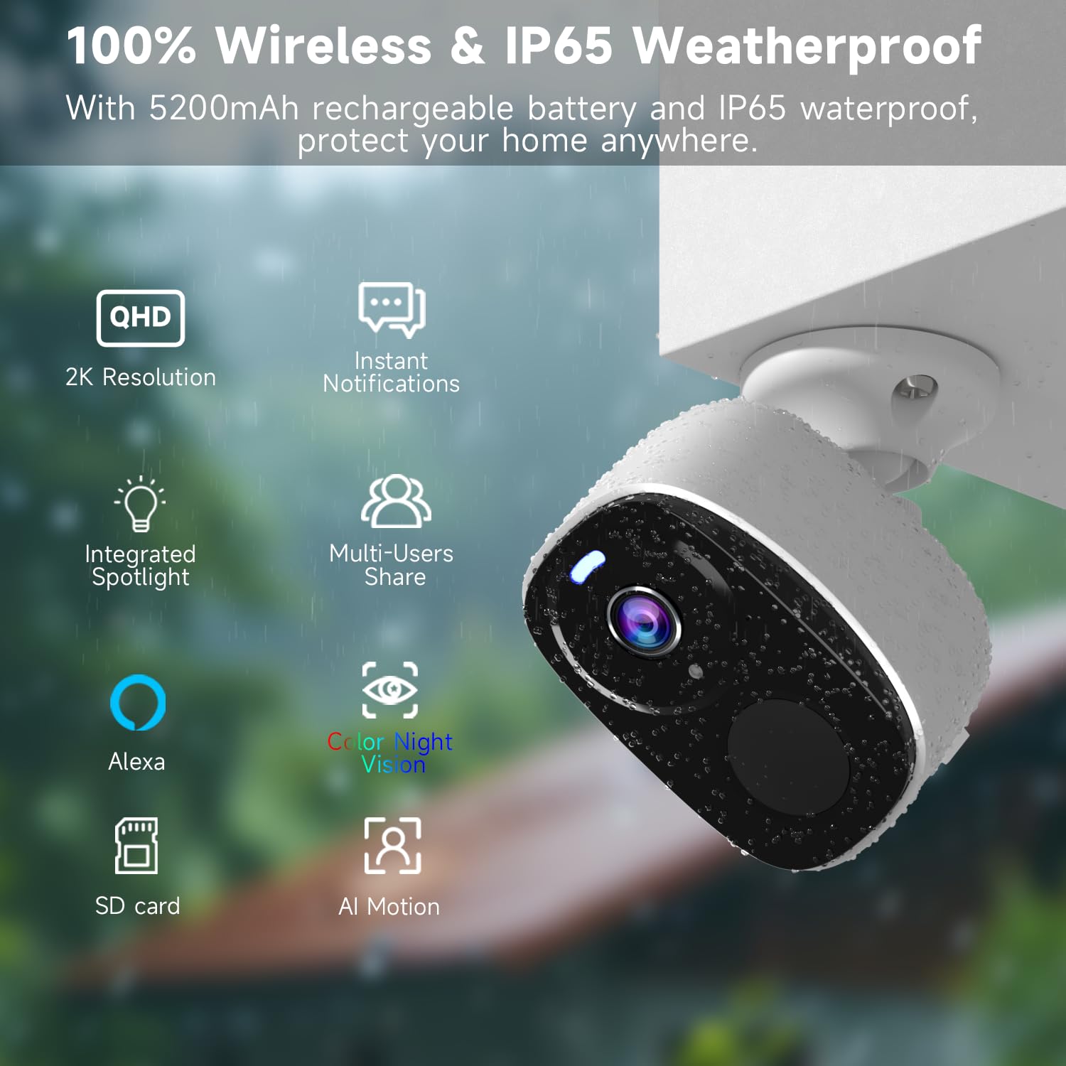 2K Security Camera Wireless Outdoor, Surveillance Indoor Home Camera, Battery Powered Wifi Security Cameras With Color Night Vis