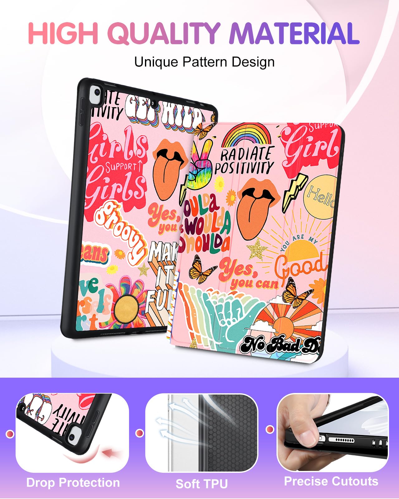 Uppuppy For Ipad 9Th/8Th/7Th Generation Case 10.2 Inch Girls Cute Kids Women Folio Smart Cover Pencil Holder Quote Aesthetic Des