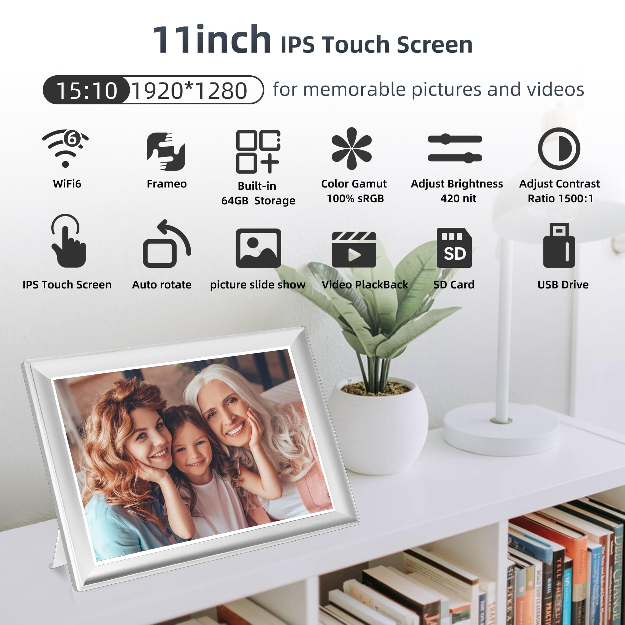 64Gb 2K 11Inch Digital Photo Frame Wifi6&5G Digital Picture Frame 100% Srgb 1920X1280 Fhd Ips Touch Screen,Share Photos & Videos