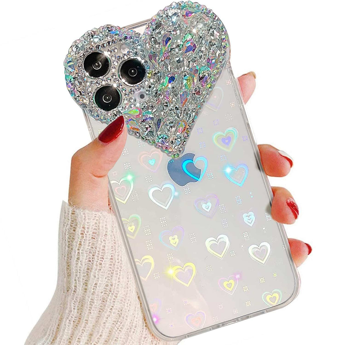 Enytdmo Cute Iphone 11 Pro Max Case 3D Glitter Sparkle Bling Case For Women Girls, Pretty Rhinestone Diamond Cute Love Heart Pat