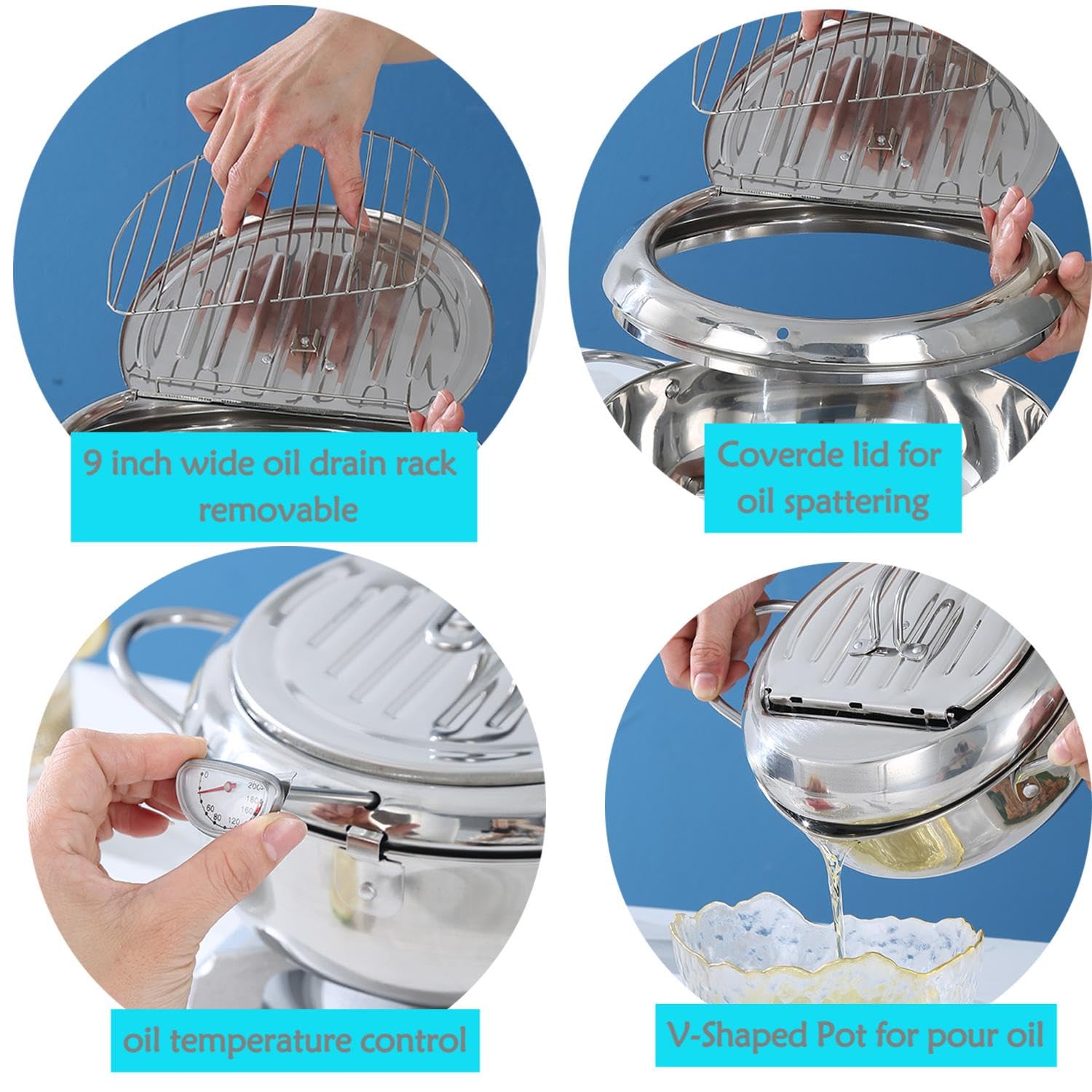 Large Tempura Frying Pot With Lid. Deep Fry Pot With (F) Thermometer And Oil Drip Drain Rack For Family Of 4-6 People 11 4.4Qt