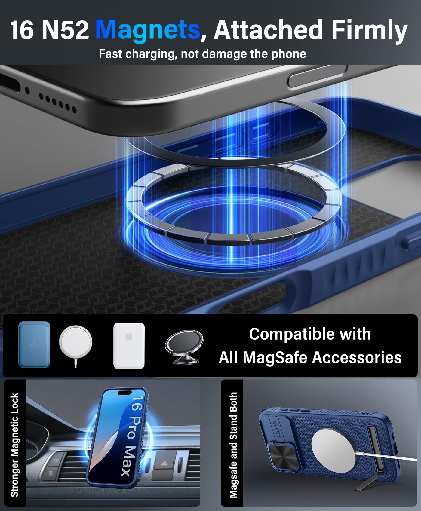 Vihibii For Iphone 16 Pro Max Case Magnetic, [Compatible With Magsafe], Built In Kickstand & Slide Camera Lens Cover, Military G