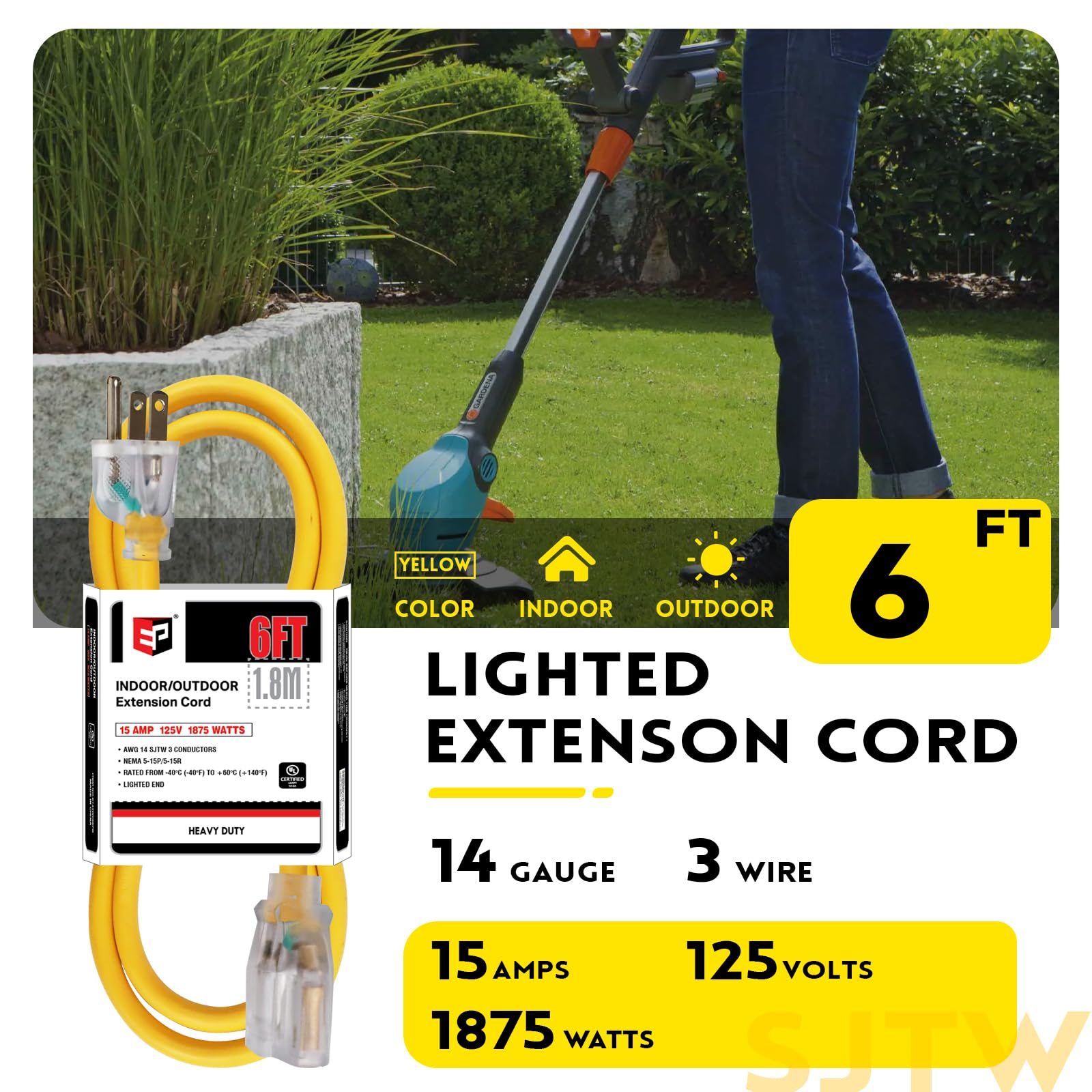 Ep 6 Ft 14/3 Lighted Outdoor Extension Cord   14 Gauge Sjtw Heavy Duty Yellow Extension Cable With 3 Prong Grounded Plug, Great