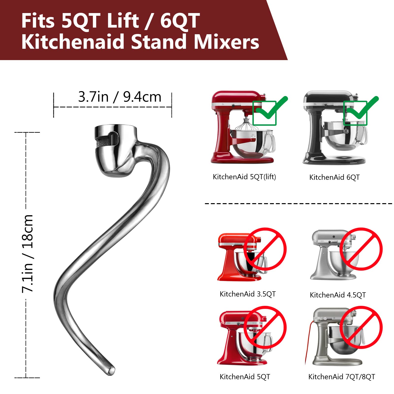 Letoms Dough Hook For Kitchen Aid 5Qt Lift And 6Qt Stand Mixer, Mixer Dough Attachment For Kitchenaid, Dishwasher Safe