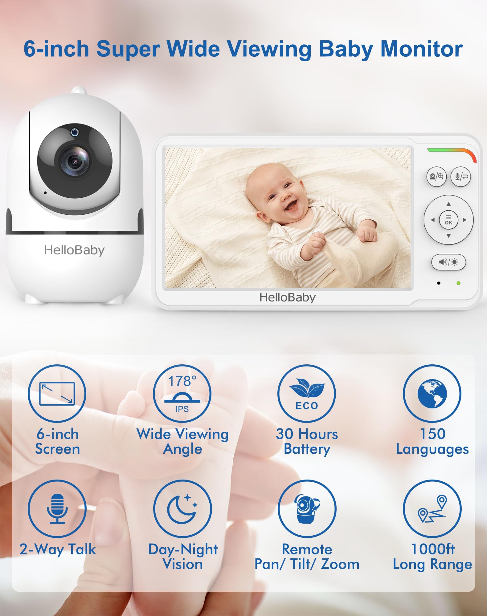 Hellobaby Baby Monitor With 2 Cameras And Audio, 6'' World First Ips Split Screen Baby Camera Monitor No Wifi, 30 Hrs Battery, E