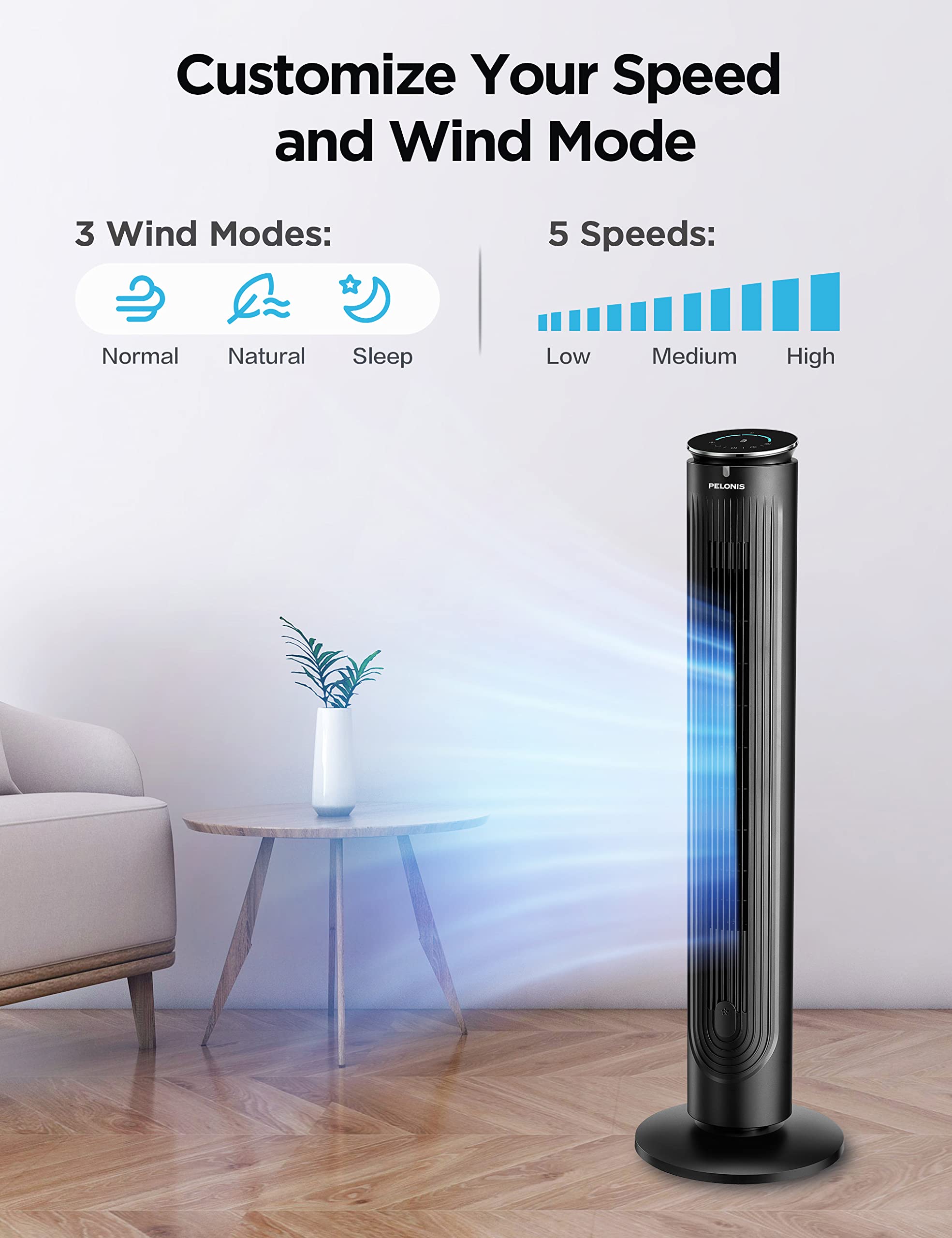 Pelonis 42 Oscillating Tower Fan With Aromatherapy Diffuser, Remote Control, 5 Speed Settings With 3 Modes Led Display For Bedro