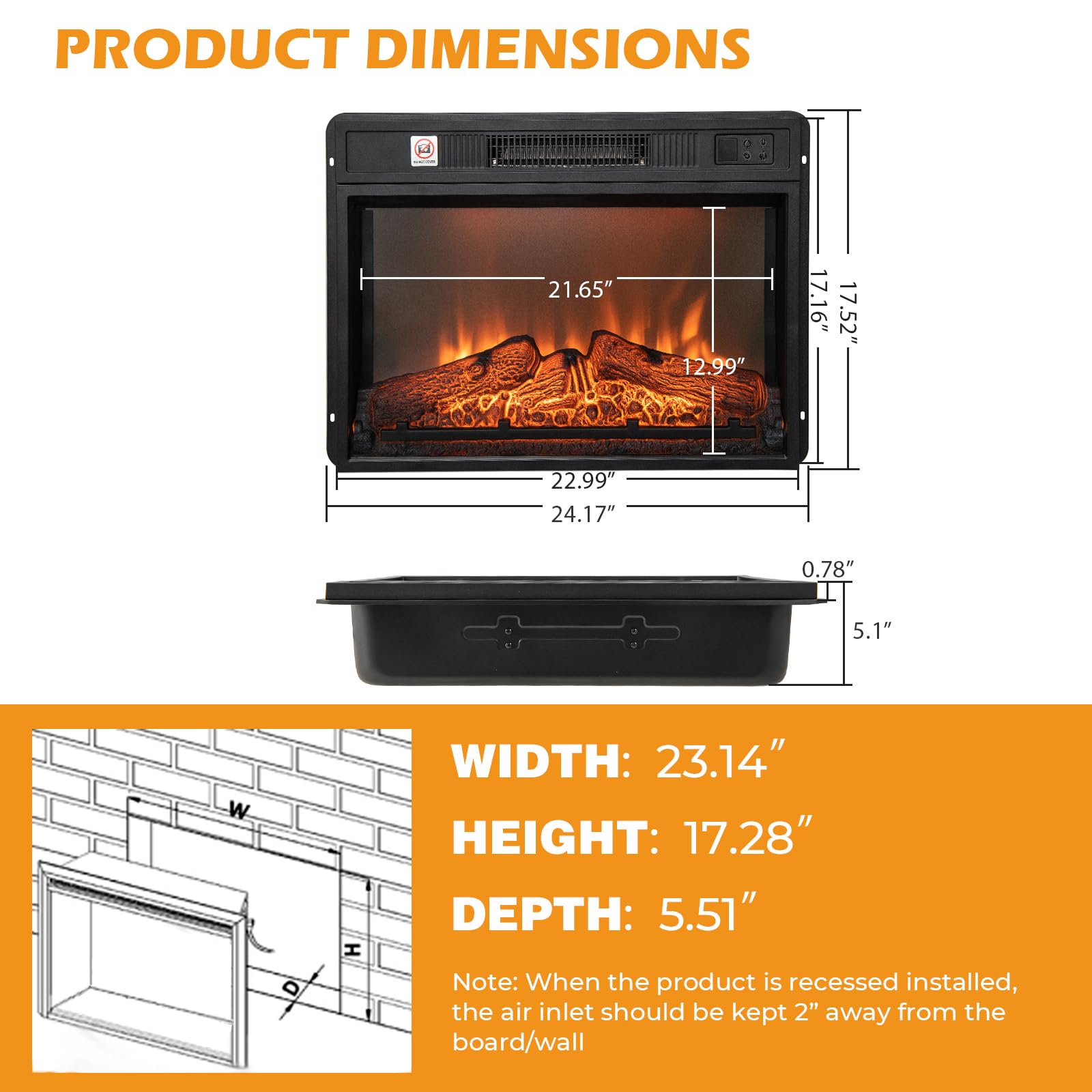 Tangkula 23 Inch Electric Fireplace Insert, Recessed Fireplace W/ 3 Led Realistic Flame Effects, Remote Control, 30 Min To 6H Ti
