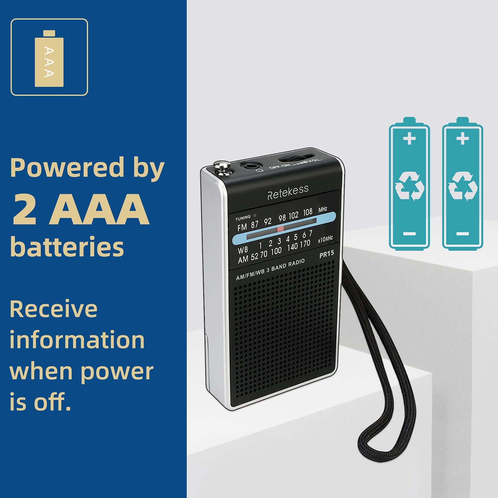 Retekess Pr15 Pocket Noaa Weather Radio, Am Fm Emergency Weather Radio Portable, Little Transistor Radios Powered By Aaa Battery For Walking, Camping (Silver Black)