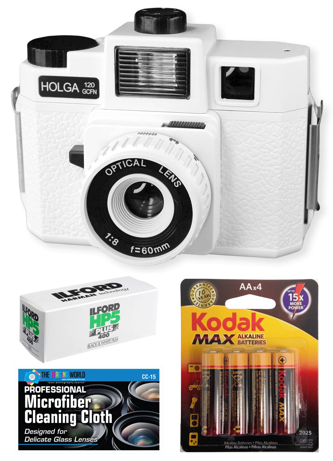 Holga 120GCFN Medium Format Film Camera with Built-in Flash with Ilford HP5 120 Black and White Film Kodak Batteries Accessories