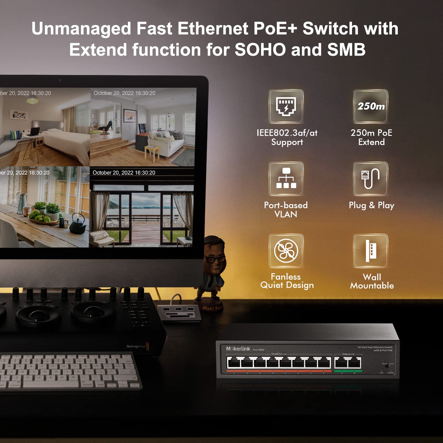 Mokerlink 8 Port Poe Switch With 2 Gigabit Uplink, 802.3Af/At Poe+ 100Mbps, 120W Built In Power, Extend To 250Meter, Metal Plug