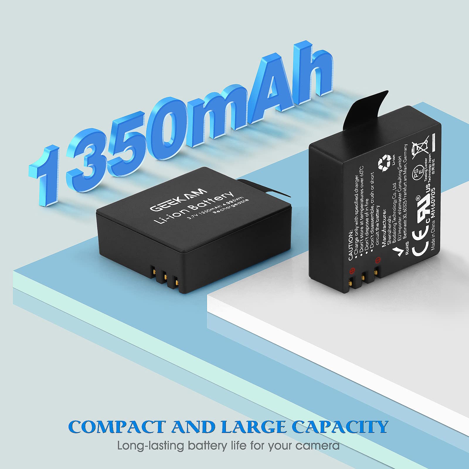 Geekam Action Camera Battery, 2X1350Mah Rechargeable Battery For Sports Camera, Compatible With Akaso Ek7000, Campark, Crosstour