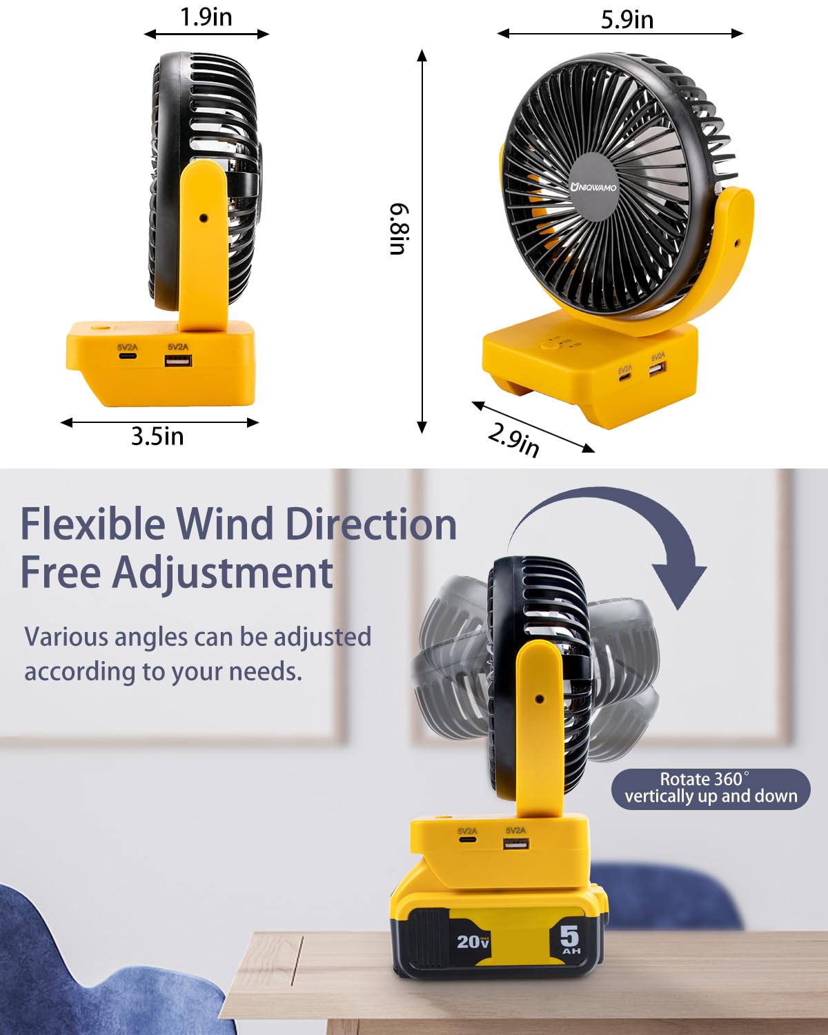 Uniqwamo Jobsite Battery Operated Fan For Dewalt 20V/60V Max Dcb204 Dcb205 Dcb206 Dcb203 Dcb201 Dcb207 Dcb180 Dcb181 Lithium Ion