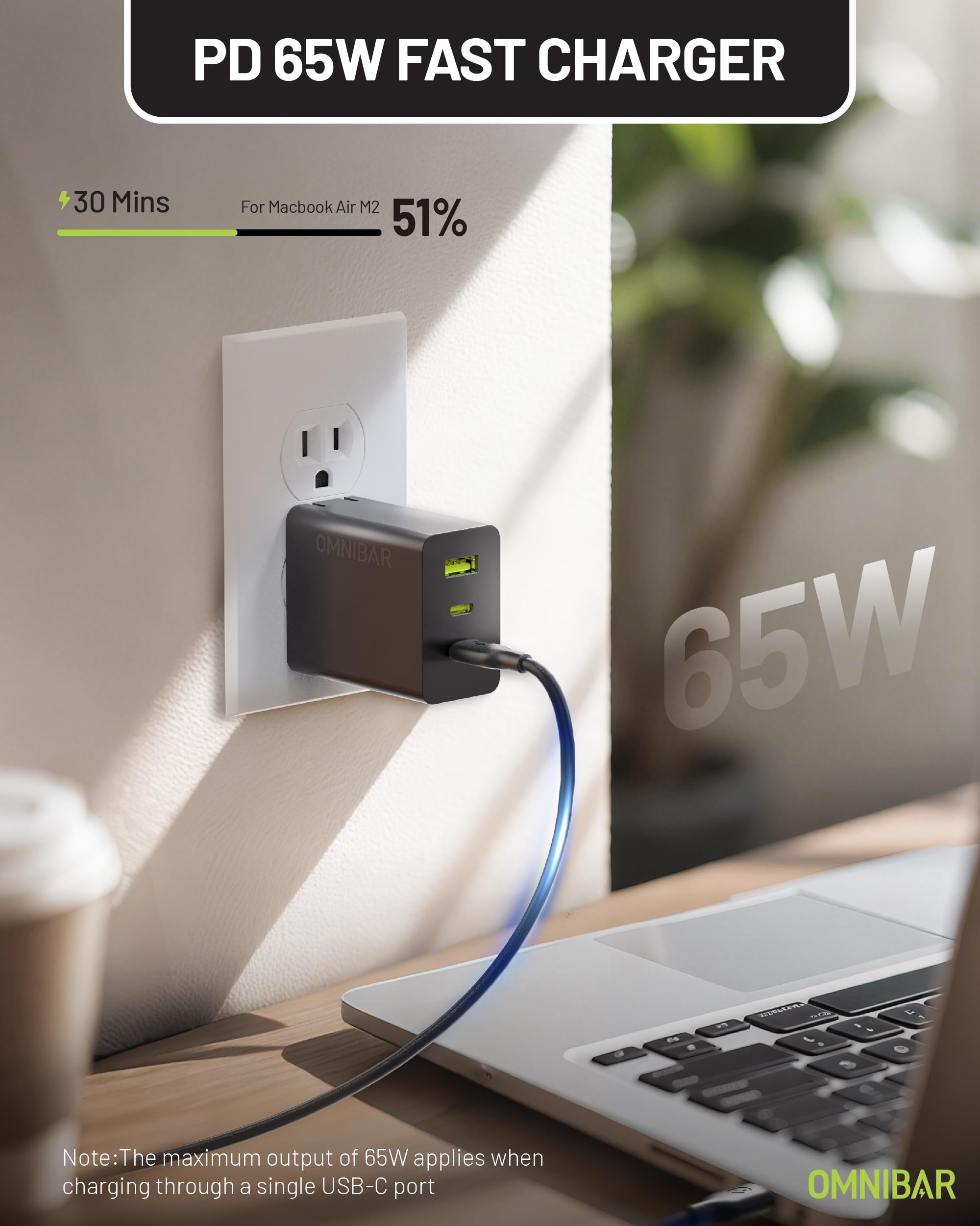 Omnibar 65W Usb C Charger, 3-Port Gan Foldable Fast Wall Charger Block,Pd3.0 Pps Usb-C Power Adapter For Macbook Pro/Air, Dell X