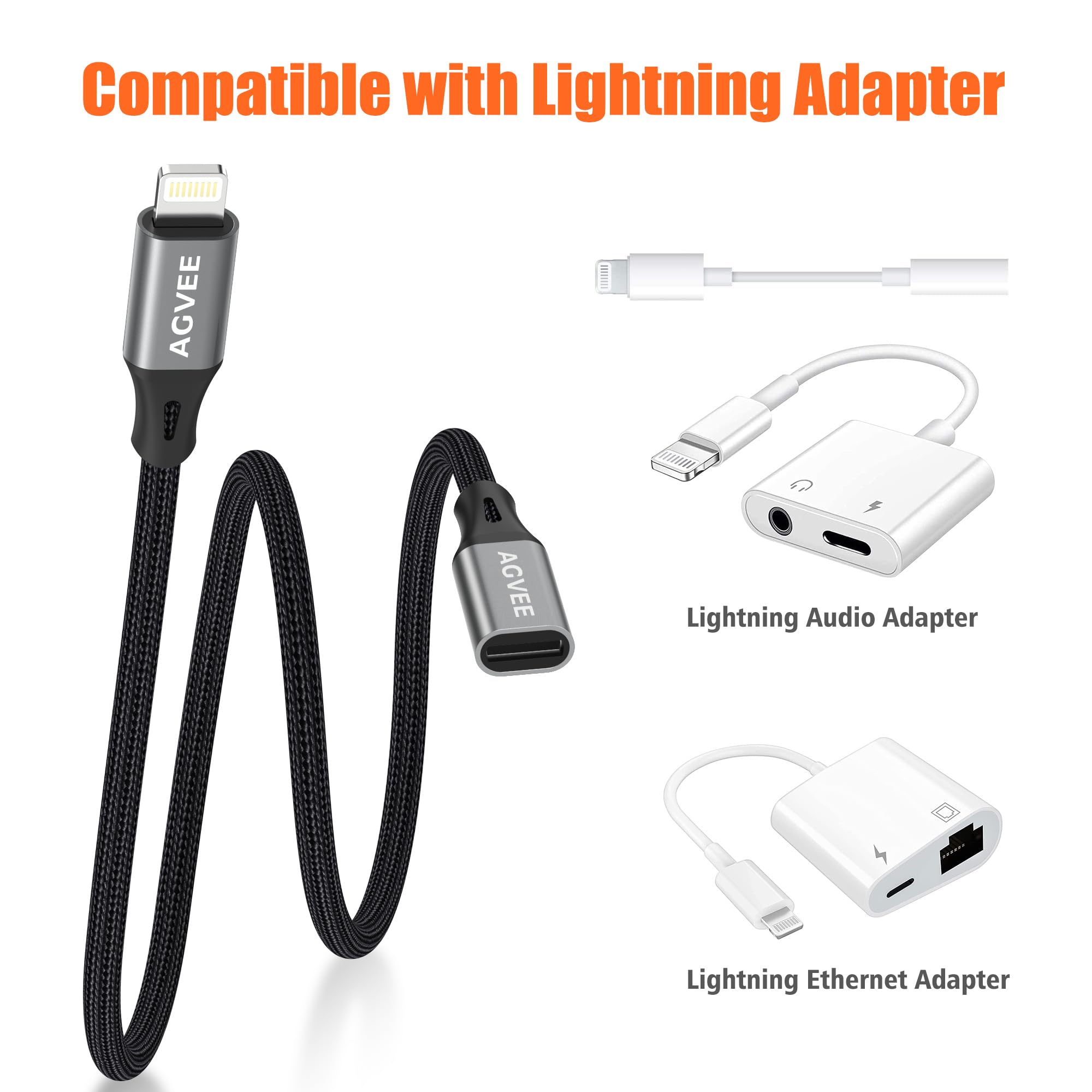Agvee 2 Pack 1Ft Lightning Extension Cable, Braided Female To Male Extender Full Function Cord Compatible With Iphone Ipad, Data