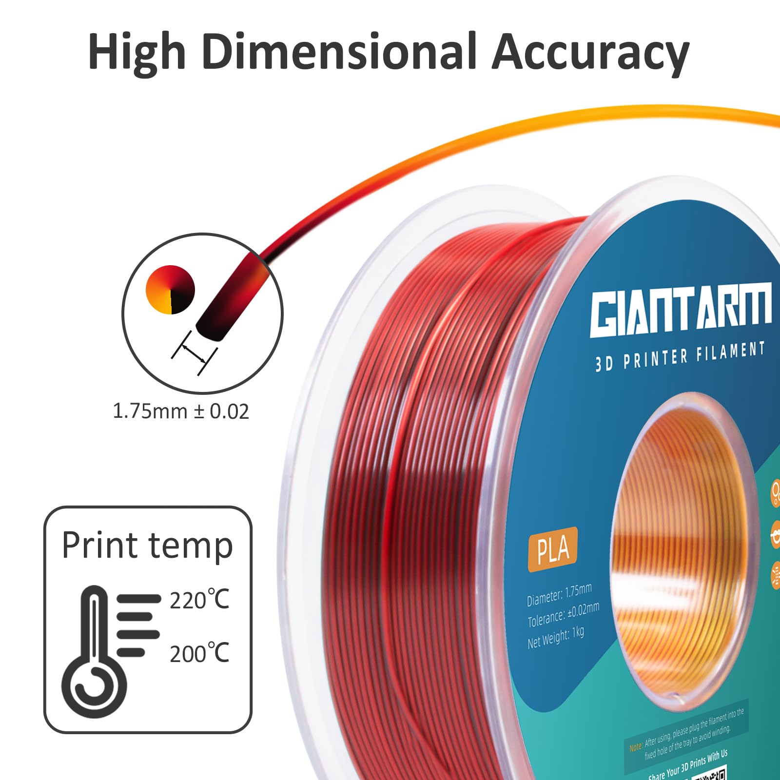 Giantarm Tri Colors Silk Pla Filament, Shiny Pla 3D Printer Filament 1.75Mm +/ 0.03Mm, 1Kg (2.2Lbs) Spool, Vacuum Packaging (Red