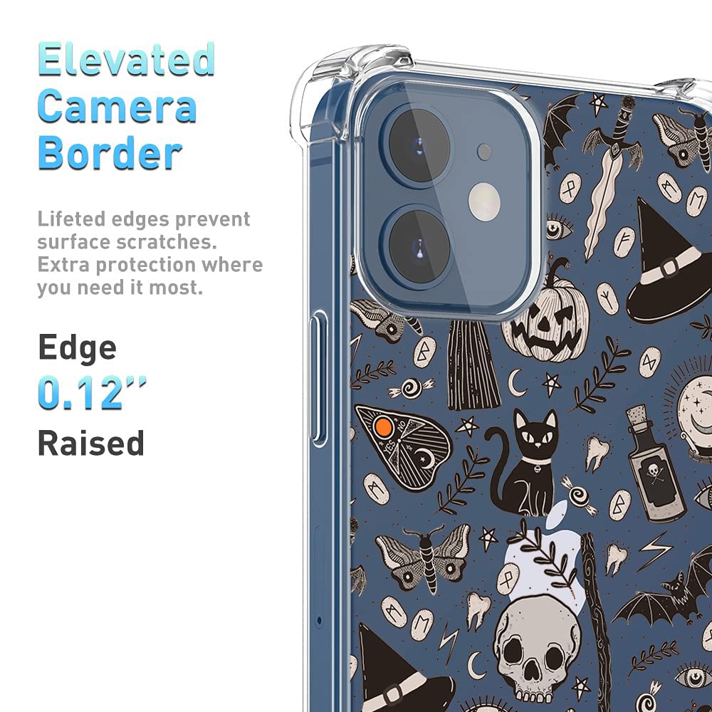Vesidurt Black Halloween Clear Case For Iphone 12 Pro Max,Pumpkin Skull Bat Pattern For Men Women,Trendy Transparent Soft Tpu Bu
