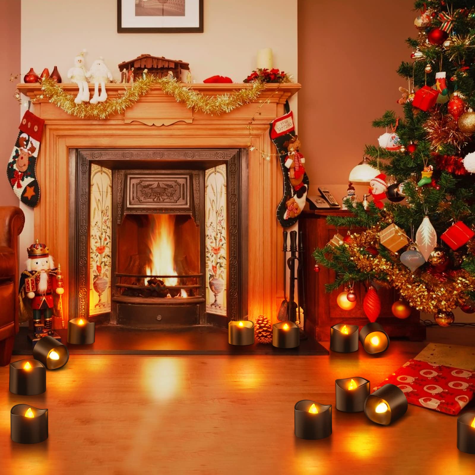 Punasi Black Led Tea Lights, Set Of 12 Battery Operated Tealights Flickering Flameless Votive Candles With Realistic Warm White