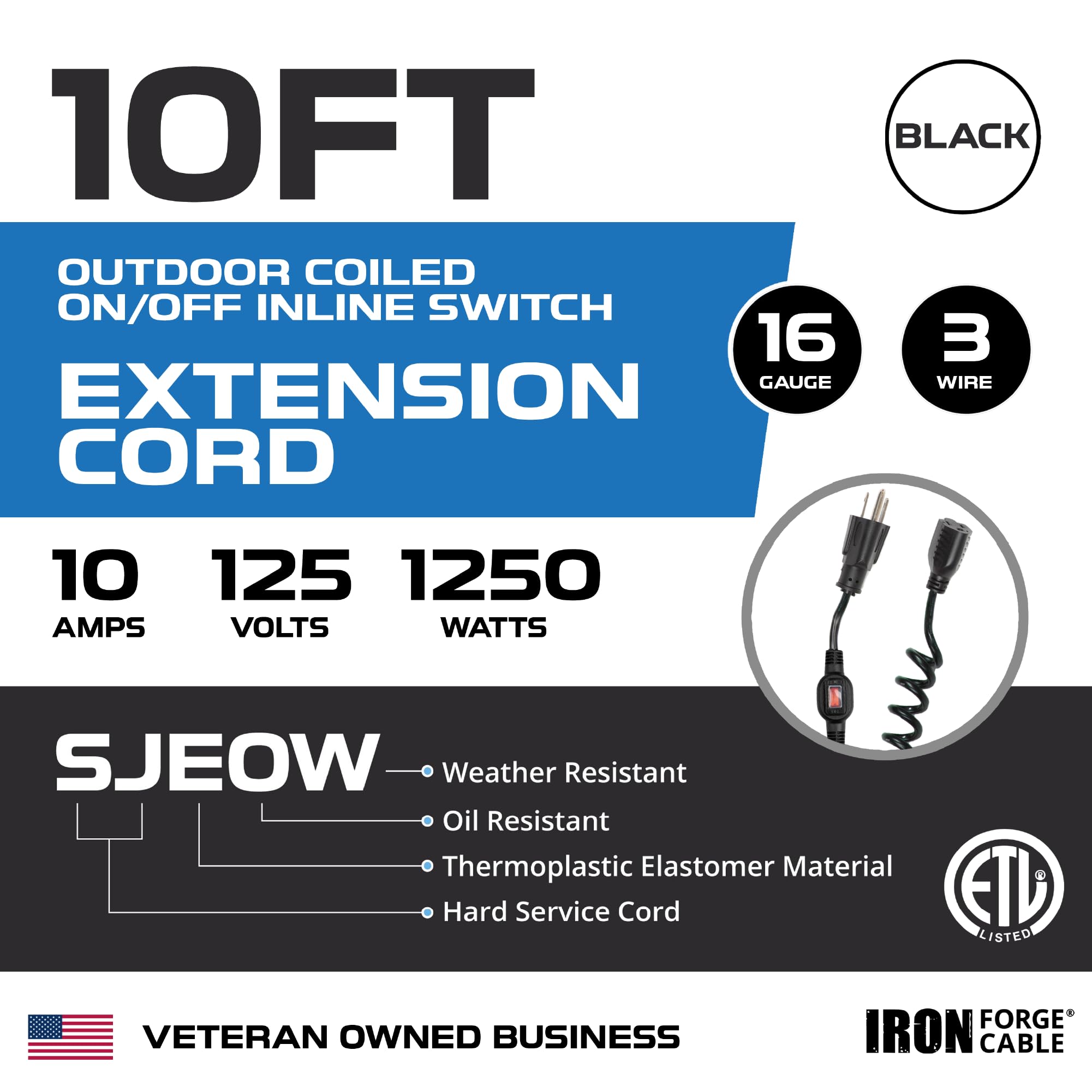 Iron Forge Cable Sjeow 10 Ft Black Outdoor Coiled Extension Cord With Inline Ip65 Waterproof Switch On/Off, 16/3 Oil Resistant &