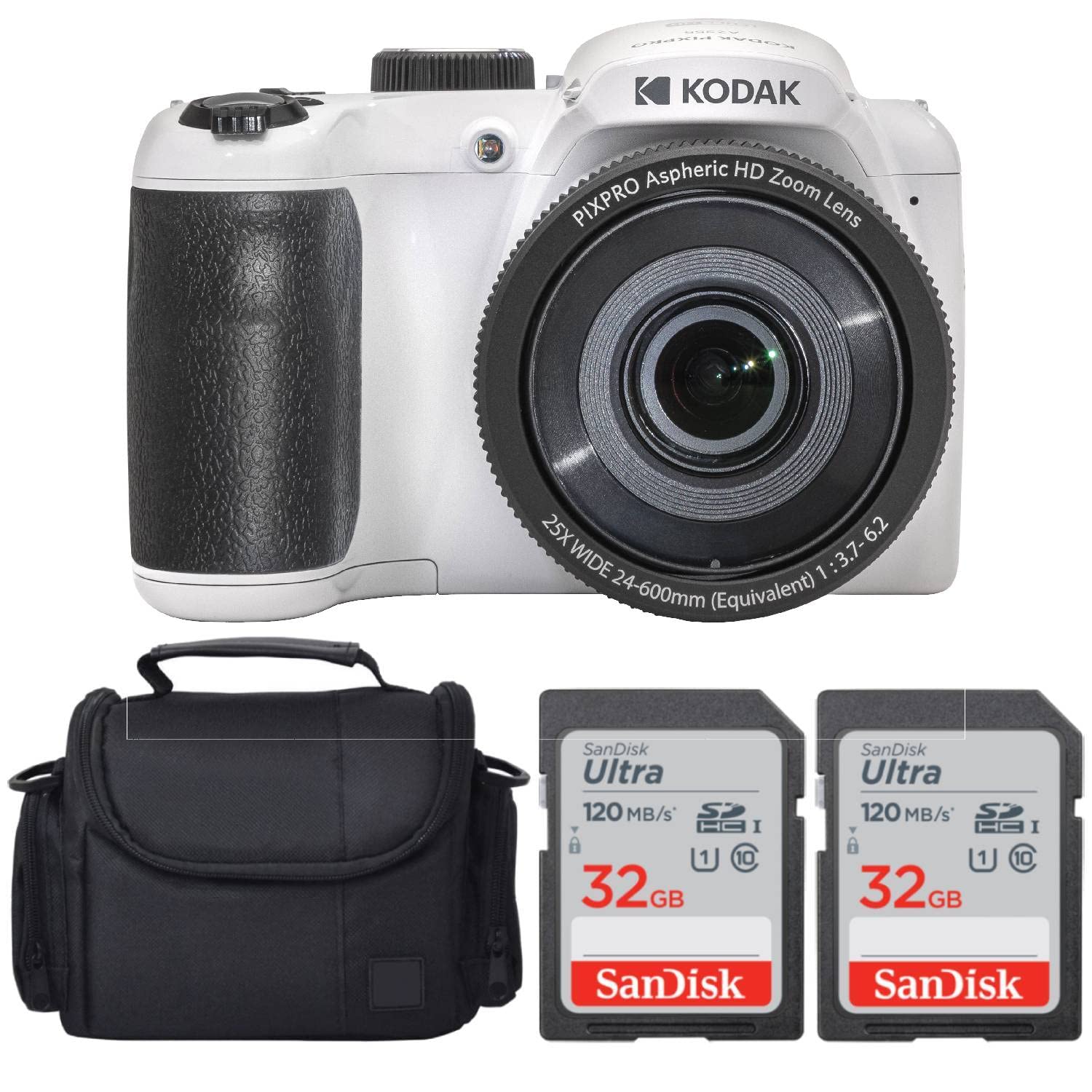 Kodak Pixpro Az255 Digital Camera + Sandisk 32Gb Memory Card (2) + Digital Camera/Video Case (White)