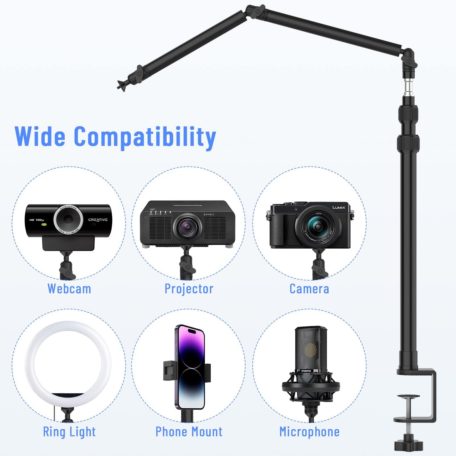 Tinpops Camera Mount Desk Stand, Flexible Overhead Camera Mount, Webcam Table C Clamp Multi Mount For Photography Videography Li