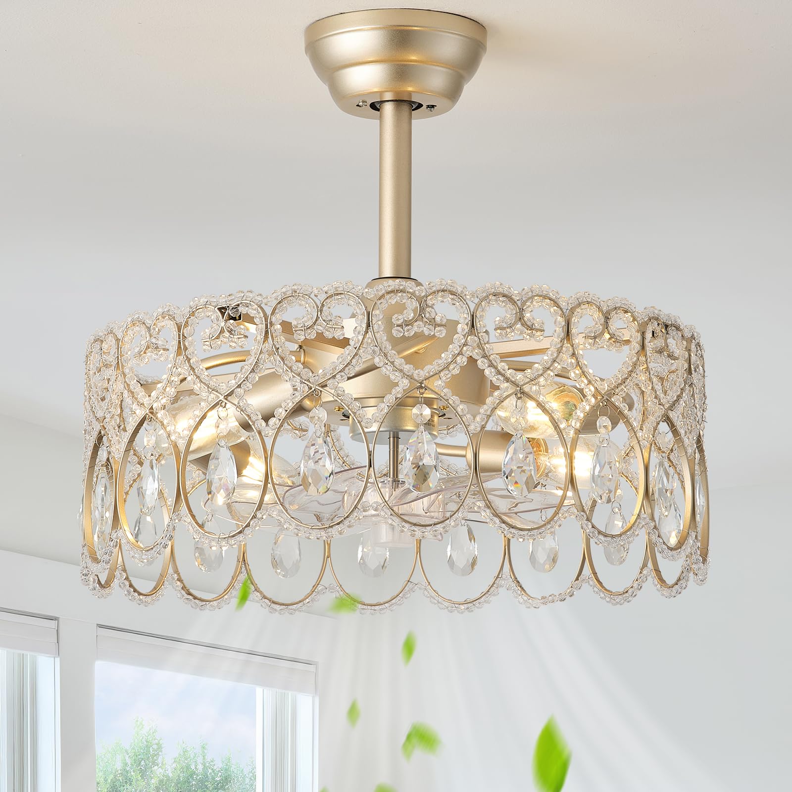 SYDACG 20 Gold Crystal Fandelier Ceiling Fans with Lights, Gold Chandelier Ceiling Fan with Light Remote Control, Mid-Century Mo
