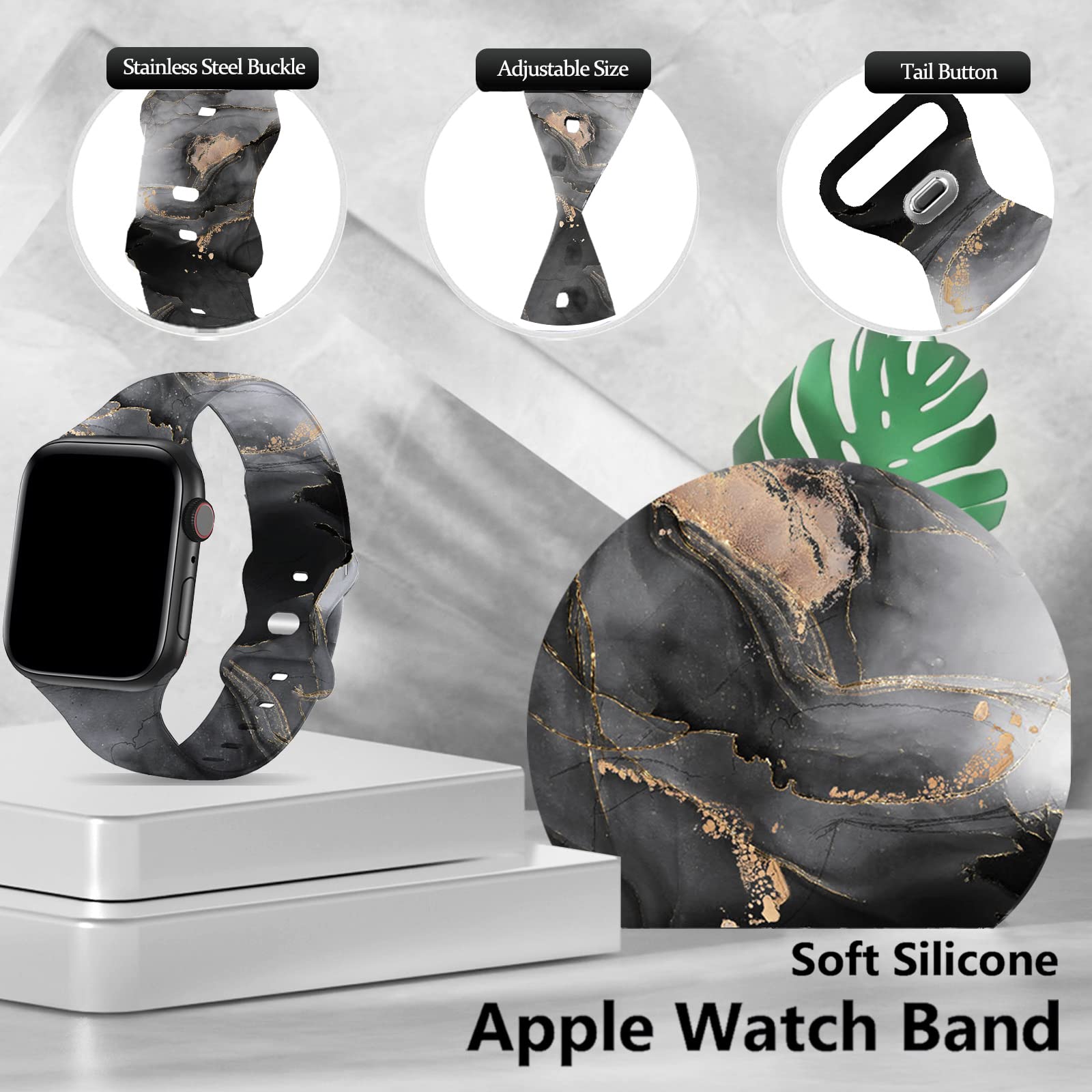 Sport Bands Compatible With Apple Watch Band 38Mm 40Mm 41Mm Women Girls,Black Gold Grey Marble Design Watch Band Silicone Wristb
