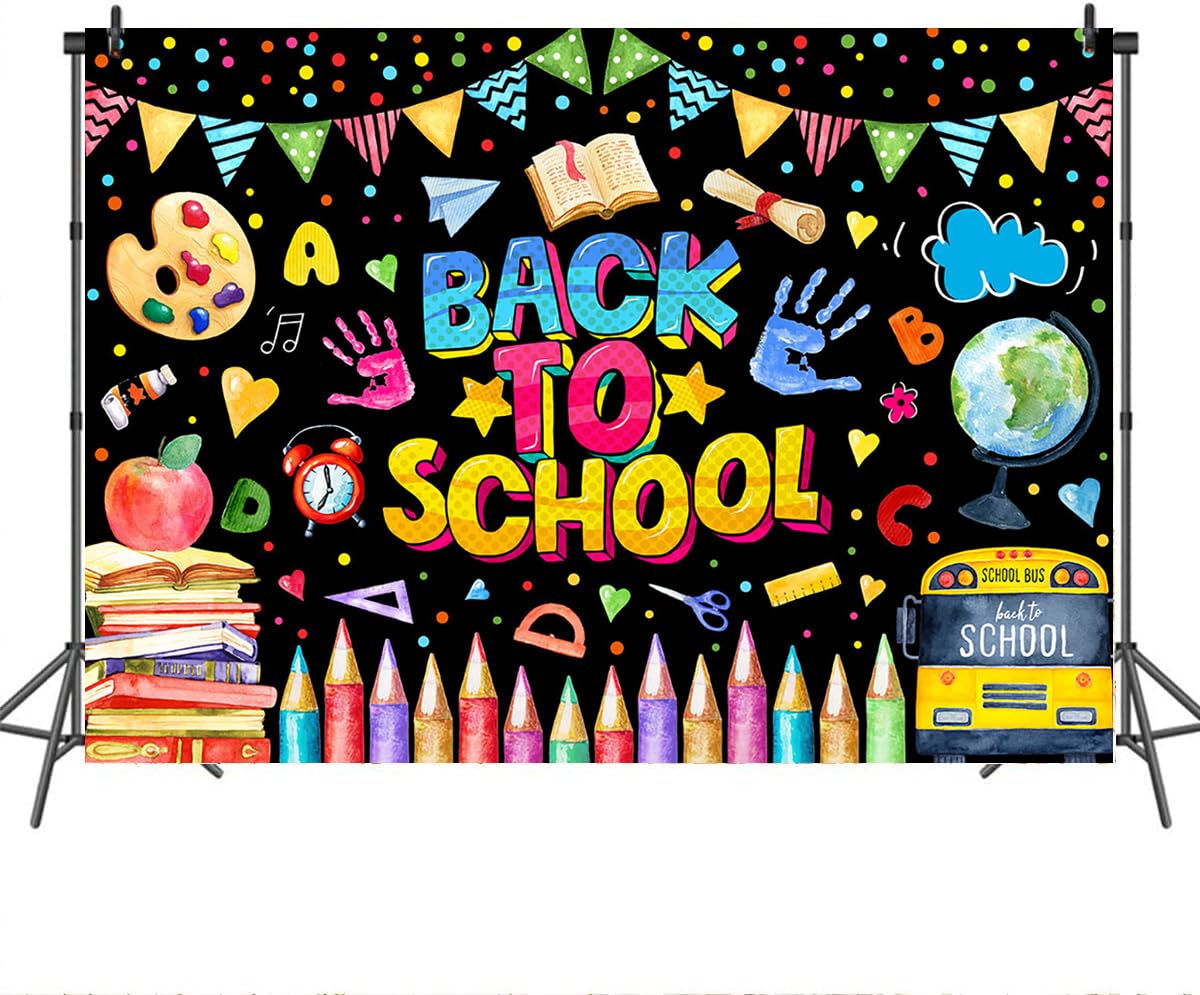 Mocsicka Back To School Backdrop First Day Of School Banner Welcome Back To School Decorations For Classroom Chalkboard Classroom Banner Photo Studio Props (7X5Ft)