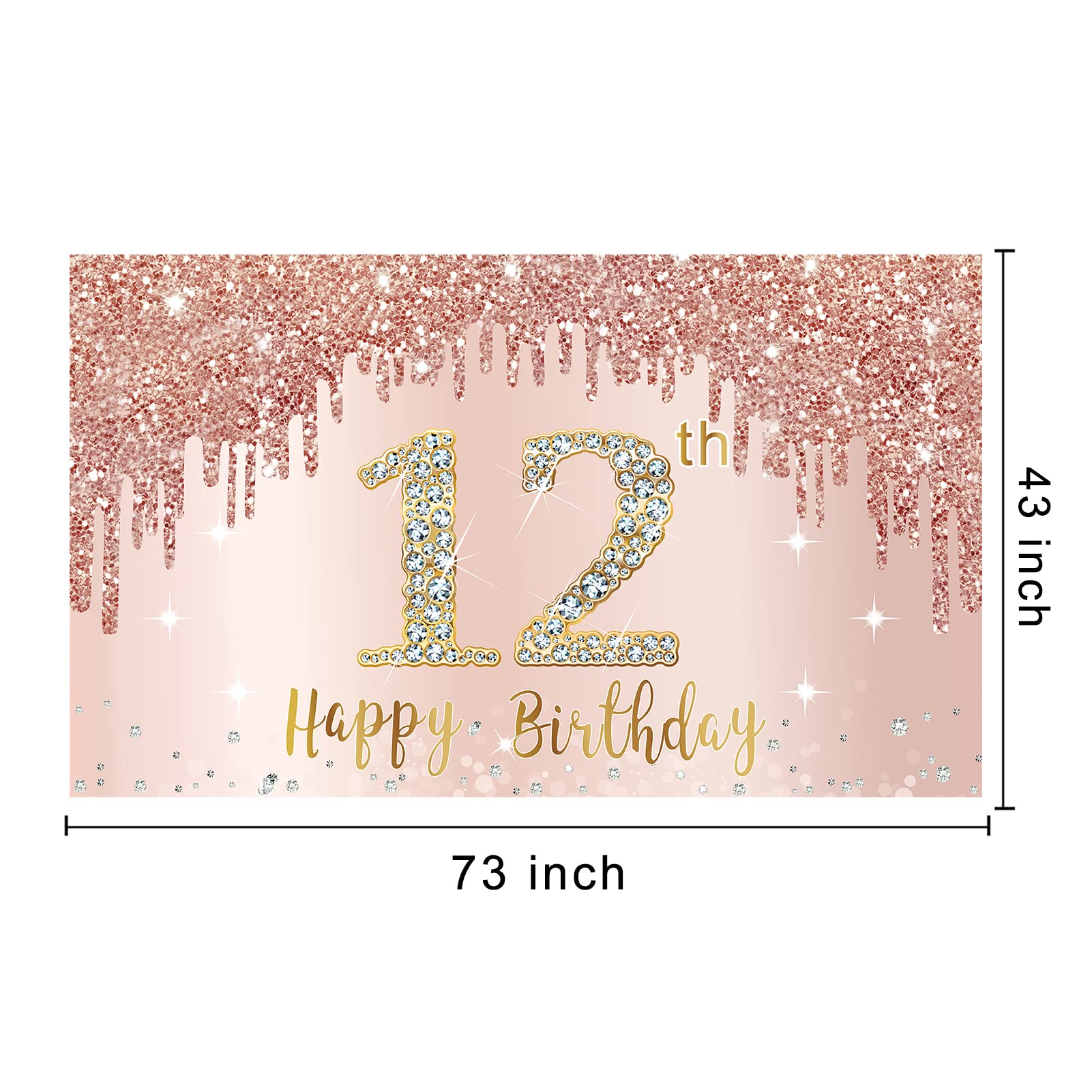 12Th Birthday Banner Decorations For Girls, Rose Gold Happy 12 Birthday Backdrop Party Supplies, Pink 12 Year Old Birthday Sign