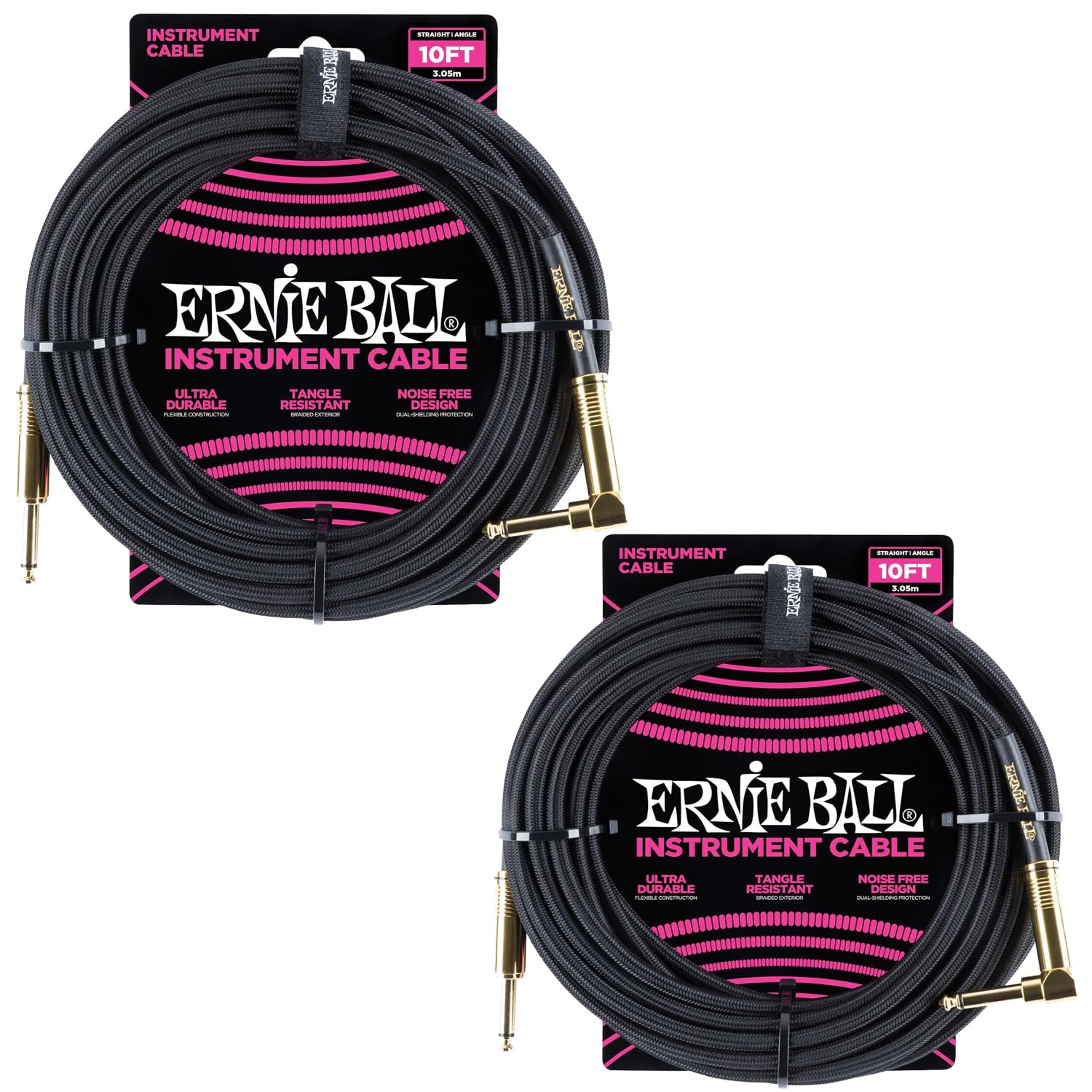 Ernie Ball Braided Instrument Cable Set Straight/Angle Length 10Ft In Black (P06081)   Pack Of 2