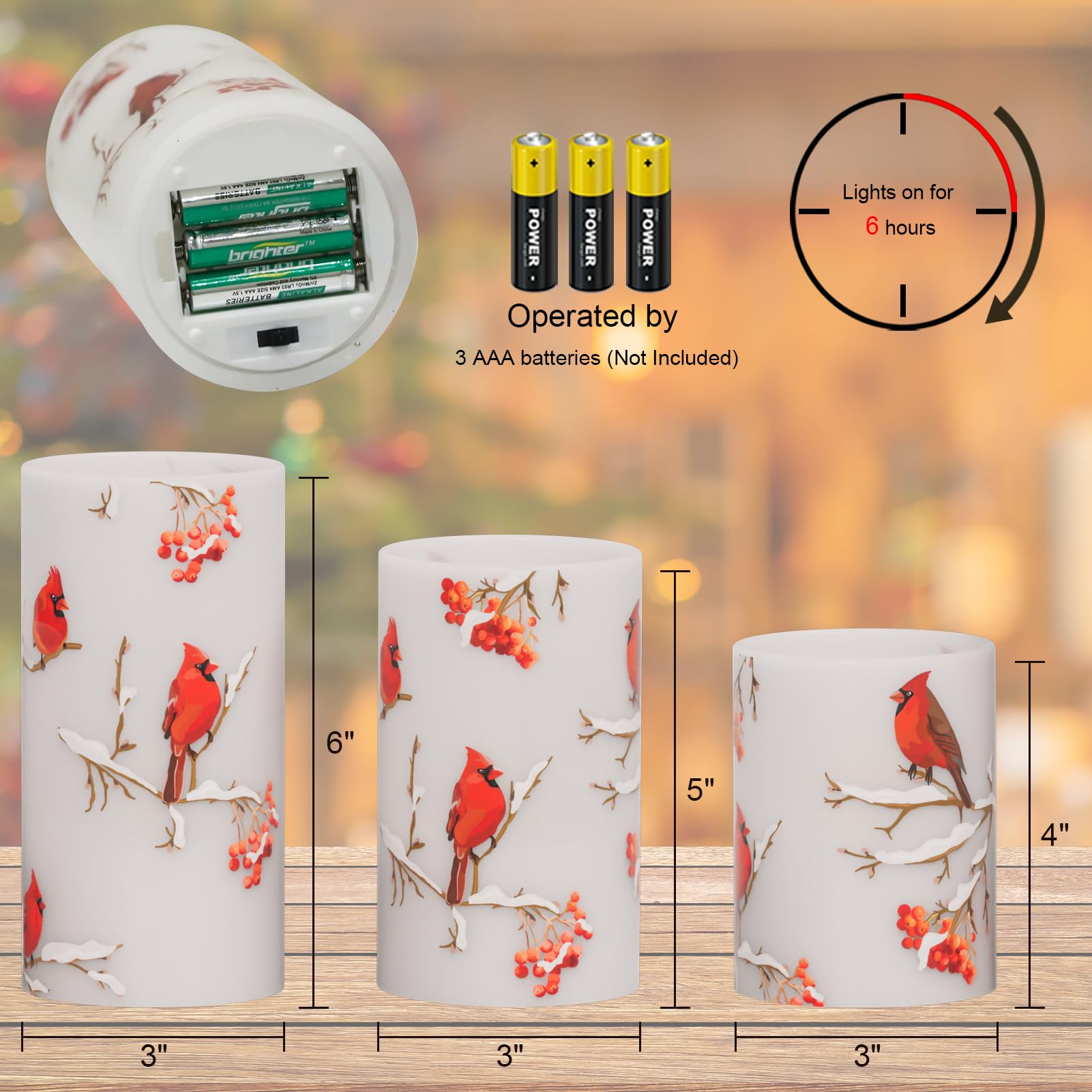 Lasumora Cardinal Theme Christmas Flameless Candles With 6H Timer, Real Wax Led Pillar Candles Flickering, Battery Operated Waxy