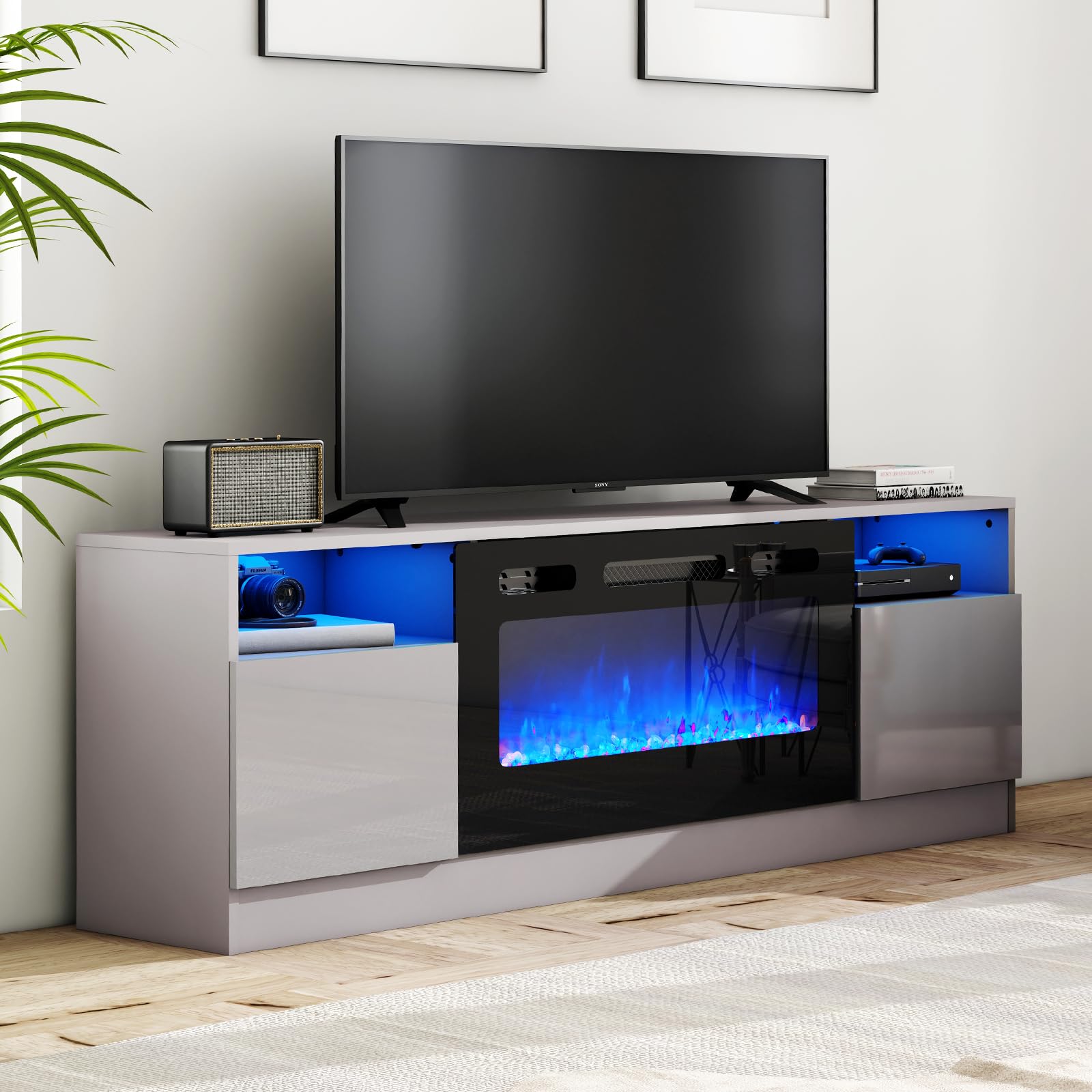 Amerlife Tv Stand With Fireplace, Led Light Entertainment Center With 36'' Electric Fireplace, 70'' Modern Wood Entertainment St
