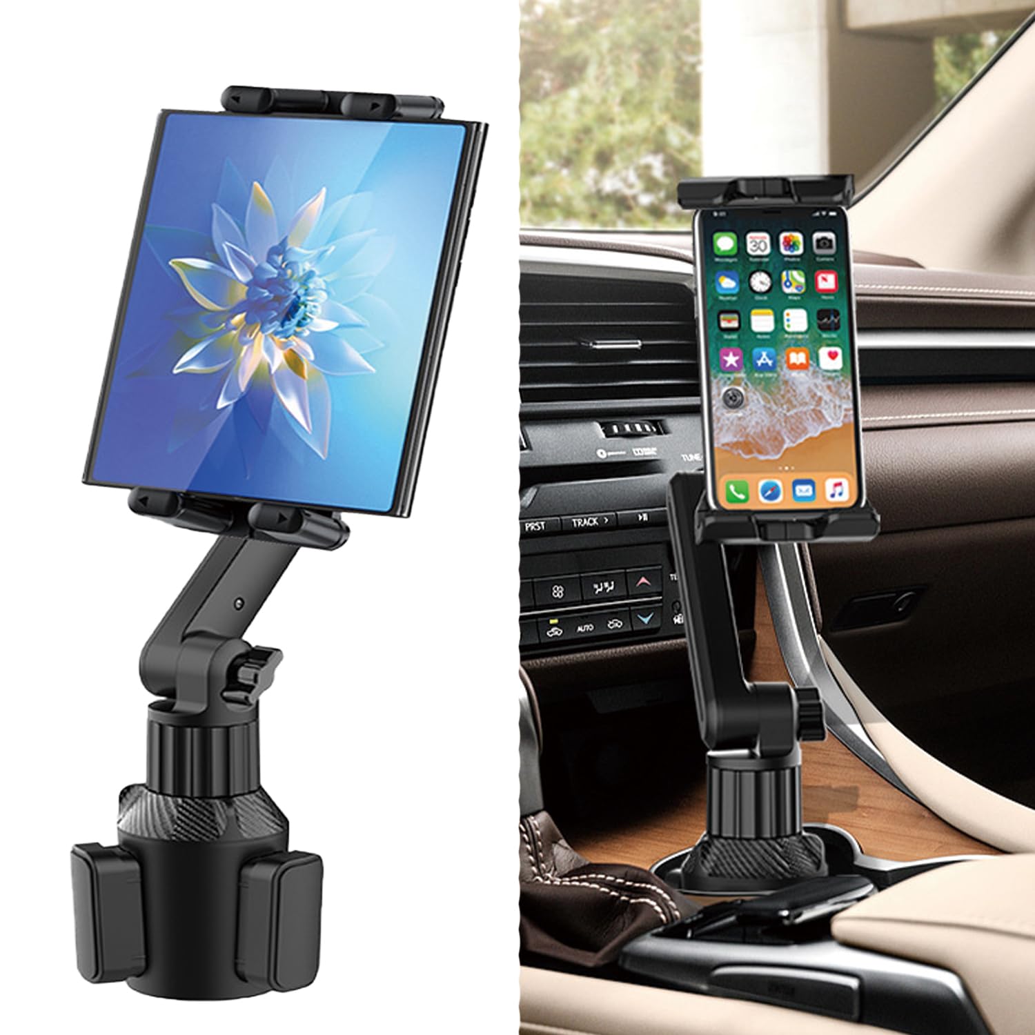Wuitin Cup Holder Car Tablet Mount For Car, 360 Adjustable 15'' Long 2 Arm Stand Holder For Ipad,Samsung Galaxy Tab/Z Fold 4/3, 