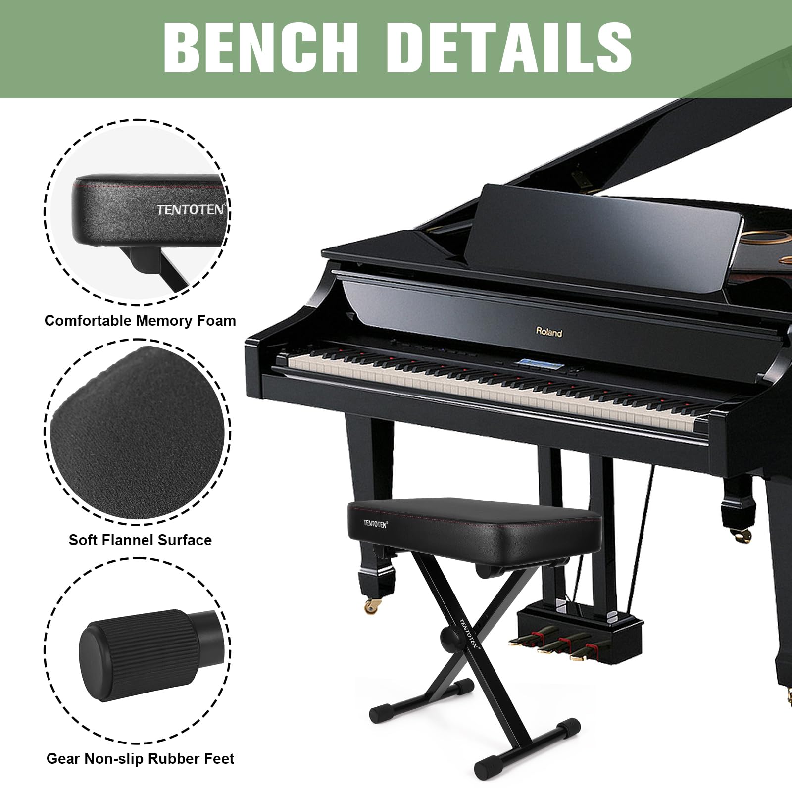 Tentoten Piano Bench Folding Piano Stool, Comfortable Memory Foam Piano Seat Adjustable Piano Chair With Flannel Top Padded Keyb