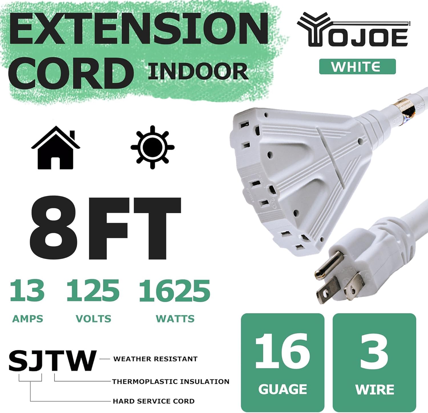 Yojoe 3 Outlets Indoor Outdoor Extension Cord, 3 Prong 13A Weatherproof Power Cord Multiple Outlets, 16 Gauge Heavy Duty 8 Ft Wh