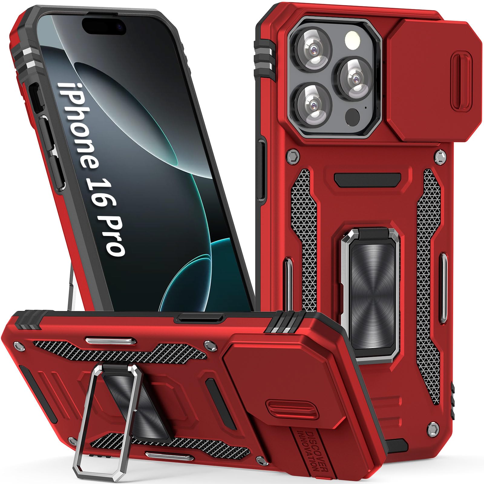 Sefing Phone Case For Iphone 16 Pro Case 16 Pro Phone Case With Slide Camera Cover, With Finger Ring Holder Stand, Fit Magnet Ca