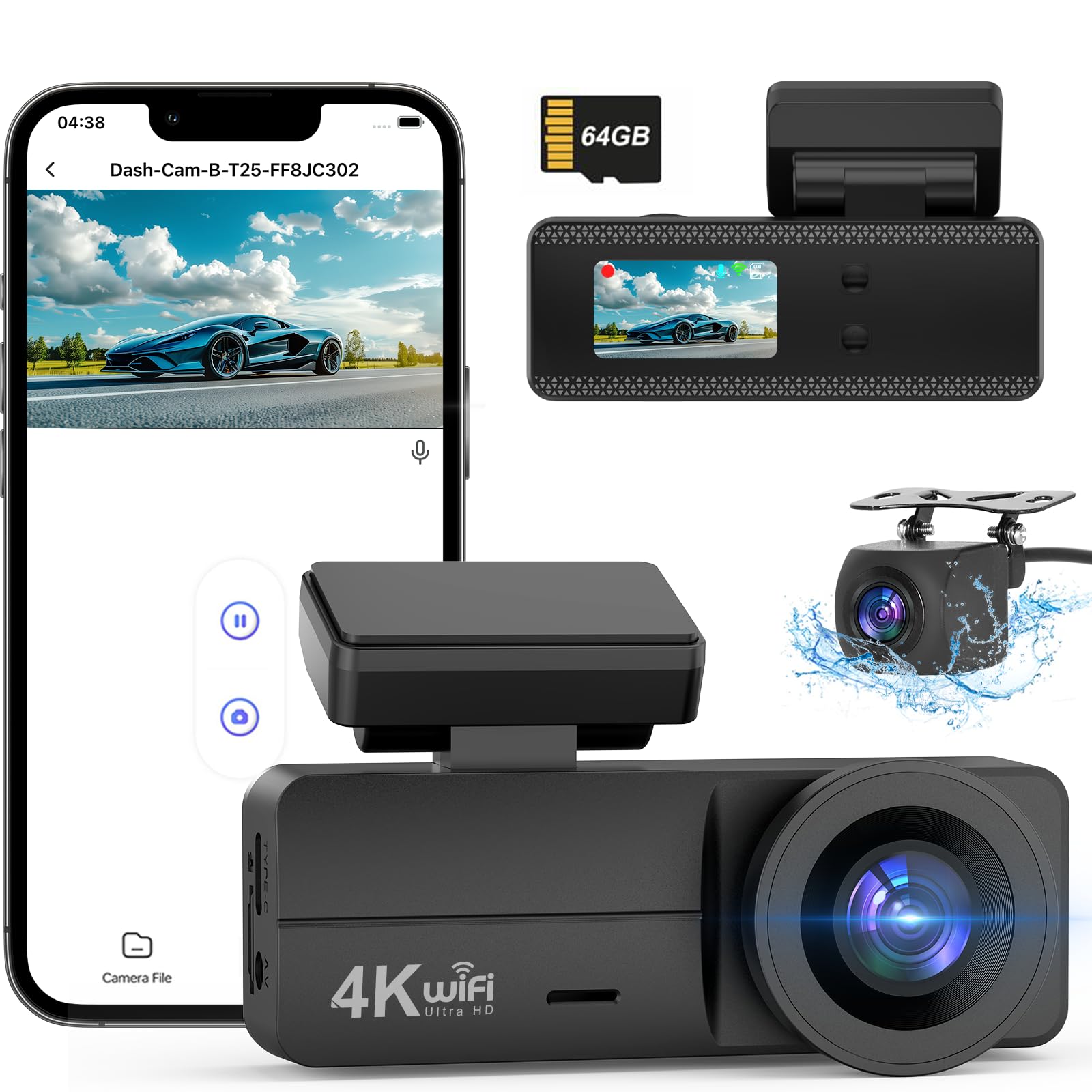 4K Dash Cam Front And Rear, Wifi Dash Cam With 64Gb Card, 4K+1080P Dash Camera For Cars, Wifi Car Camera With App Control, 1.47'