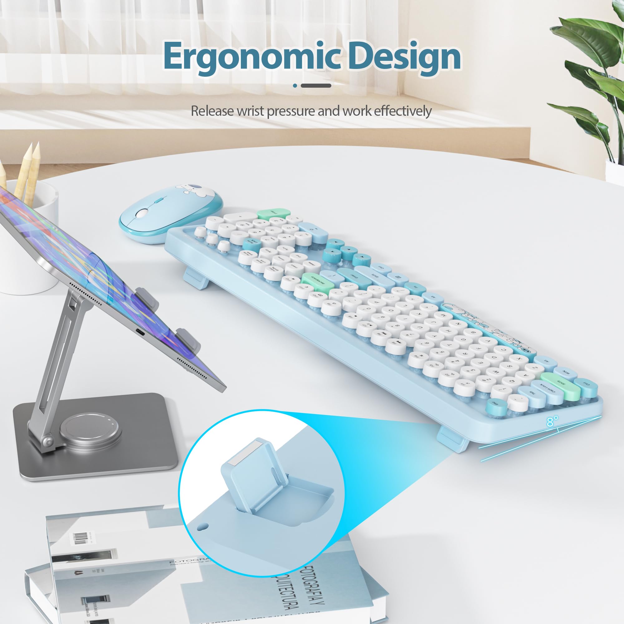 Fogruaden Wireless Keyboard And Mouse Combo, 2.4Ghz Retro Typewriter Keyboard, 104 Full Size Round Keycap Cute Computer Keyboard