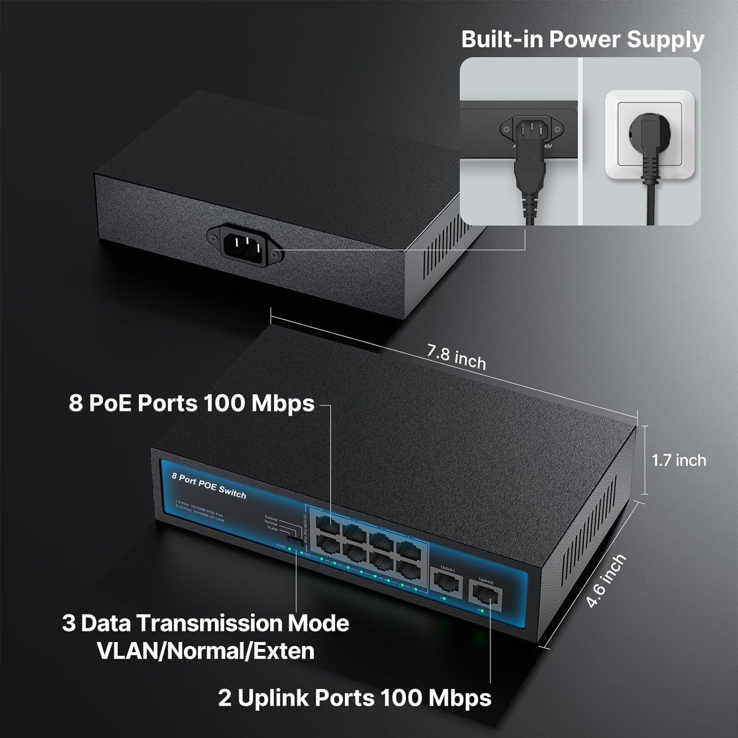 Real Hd 10 Port Poe Switch, 8 Ports Poe+ 2 Uplink Unmanaged 100Mbps Poe Switch, High Total Power Budget 120W, 803.Af/At Complian